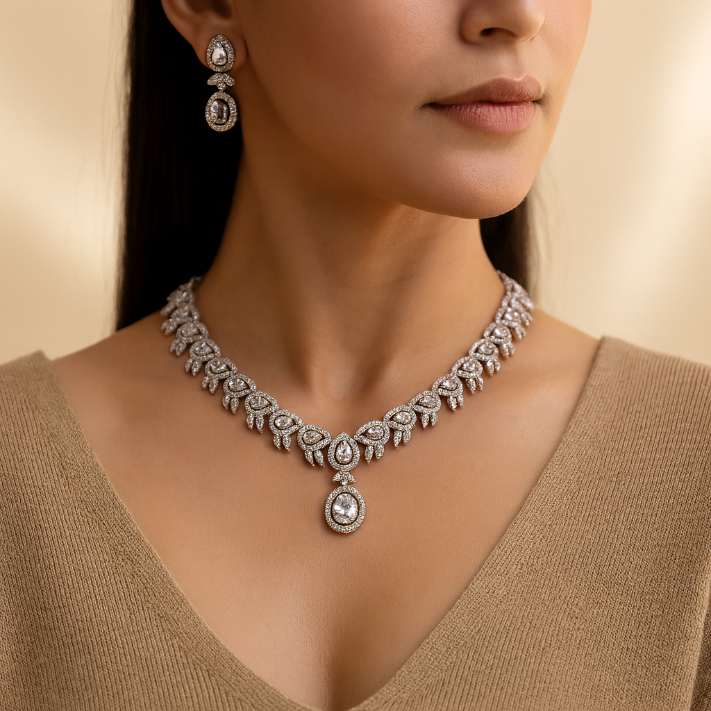 Elegant Cubic Zirconia Necklace Set with Drop Earrings.
