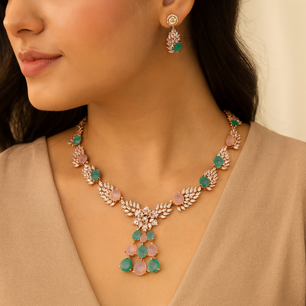 Elegant Rose Gold Necklace Set with Pink and Mint Green stones.