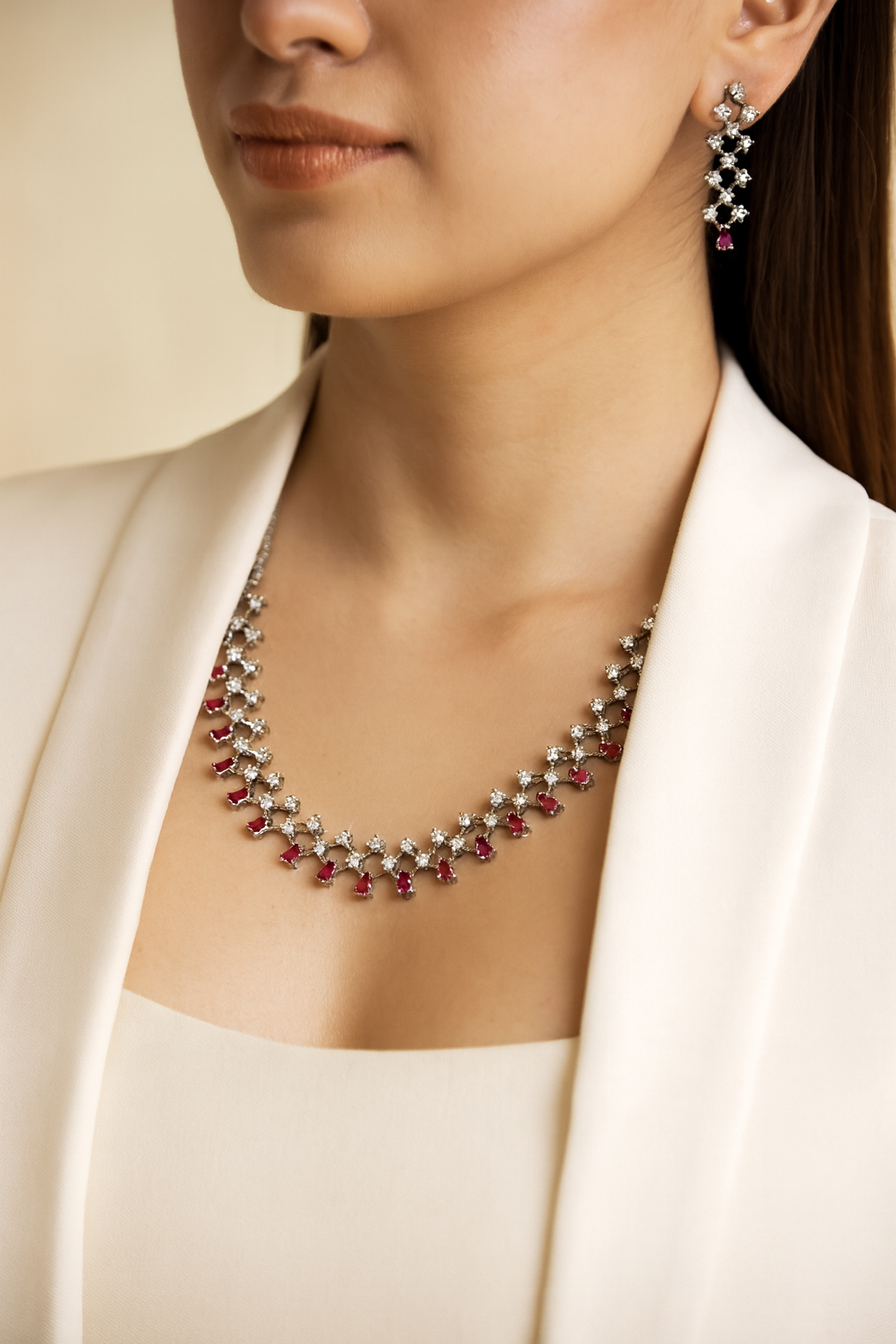 Emerald and Cubic Zirconia Necklace Set, 42 cm Necklace with Earrings (EMRALD GREEN, ONE SIZE)