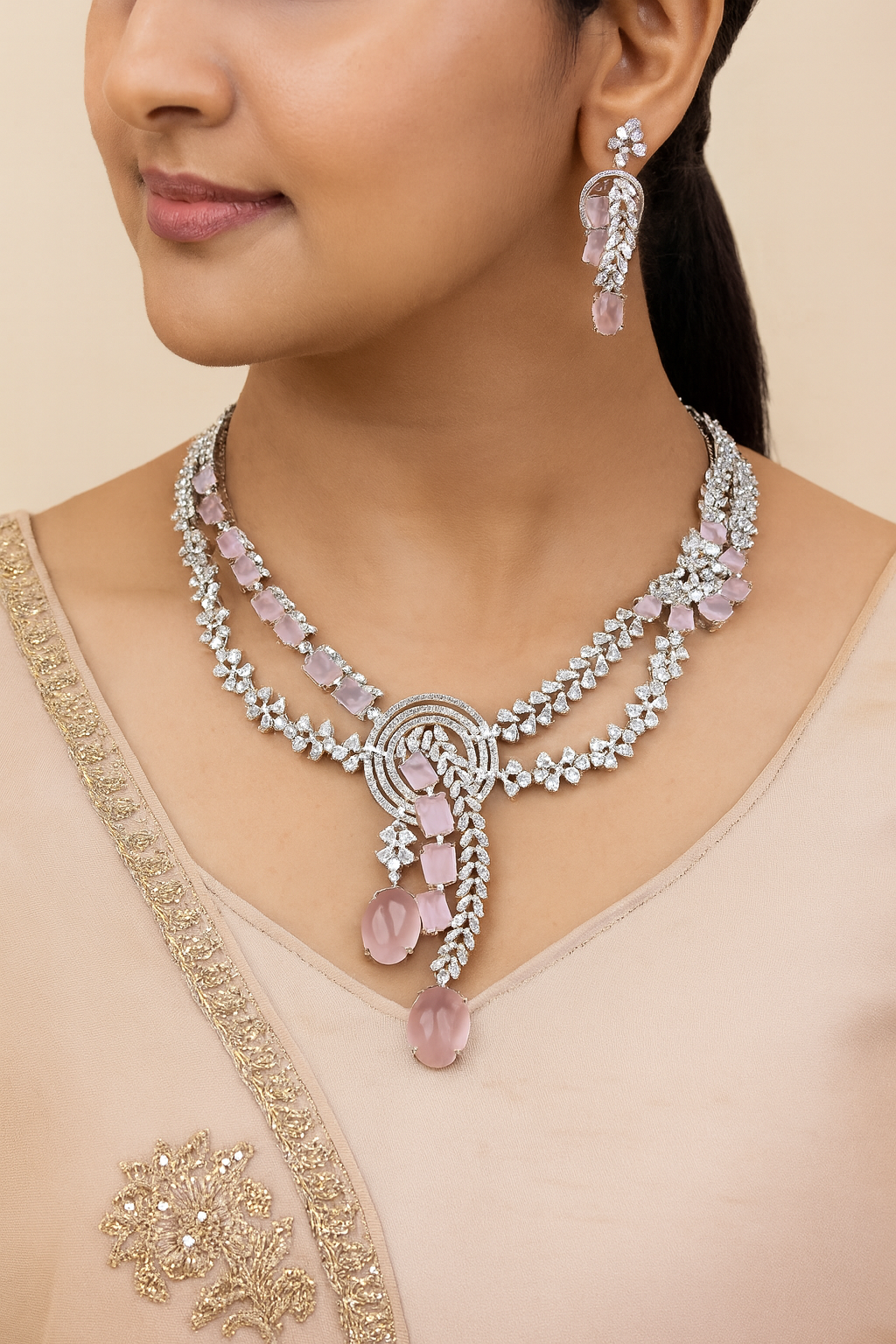 LA FILLE D'OR Elegant Pink Crystal Jewellery Set, Necklace with Earrings, 42 cm