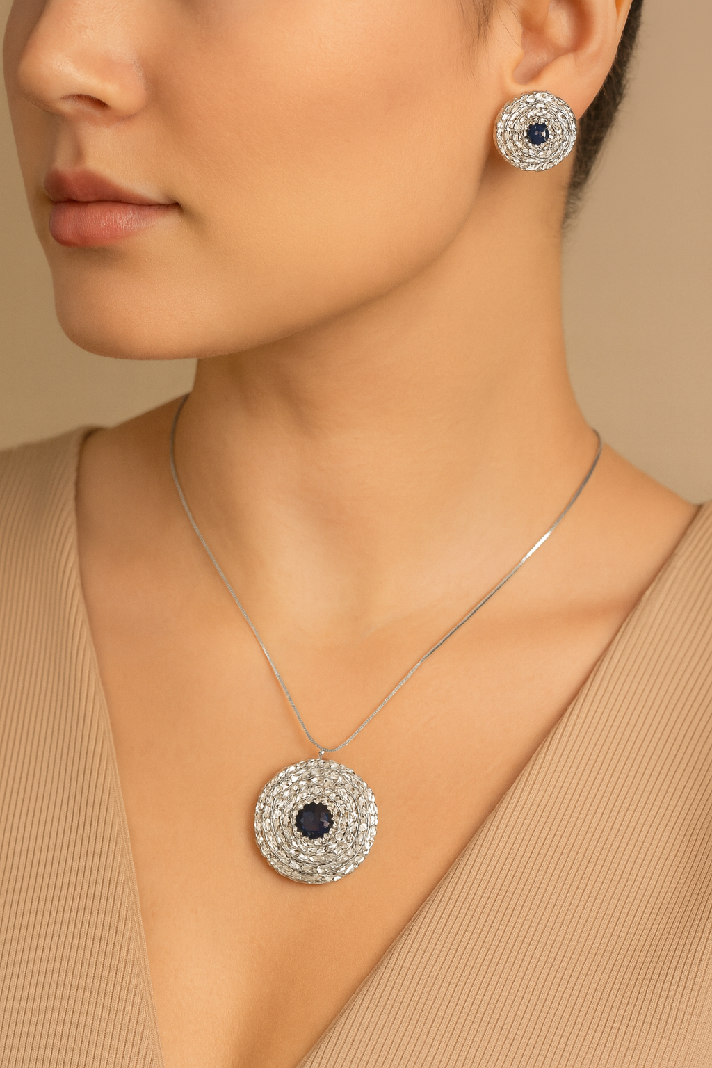 Jewellery Pendant Set with american diamonds with Earrings (BLUE, ONE SIZE)
