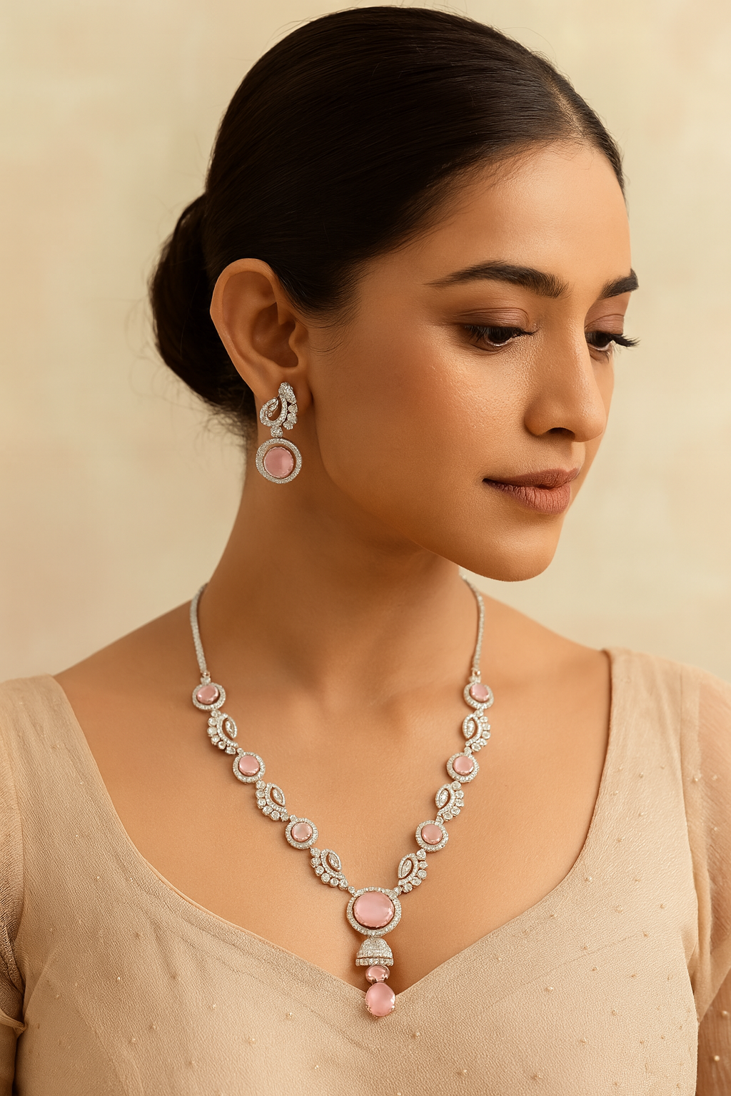 LA FILLE D'OR Elegant Pink and White Crystal Necklace Set with Earrings (PINK, ONE SIZE)