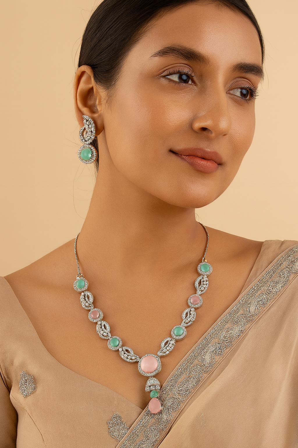 LA FILLE D'OR American diamond Look and Cubic Zirconia Necklace Set,