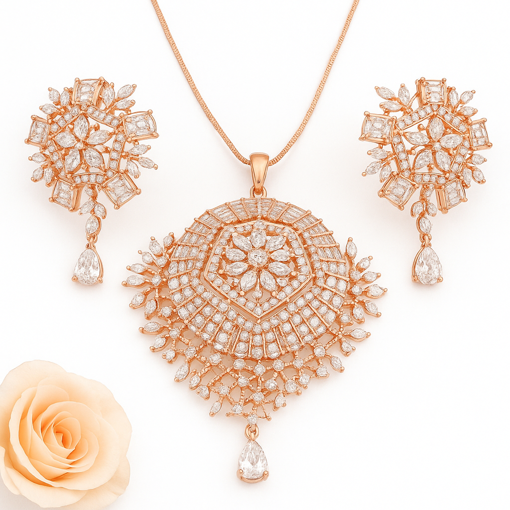 LA FILLE D'OR Rose Gold Plated Necklace Set with Intricate Crystal Embellished Pendant.
