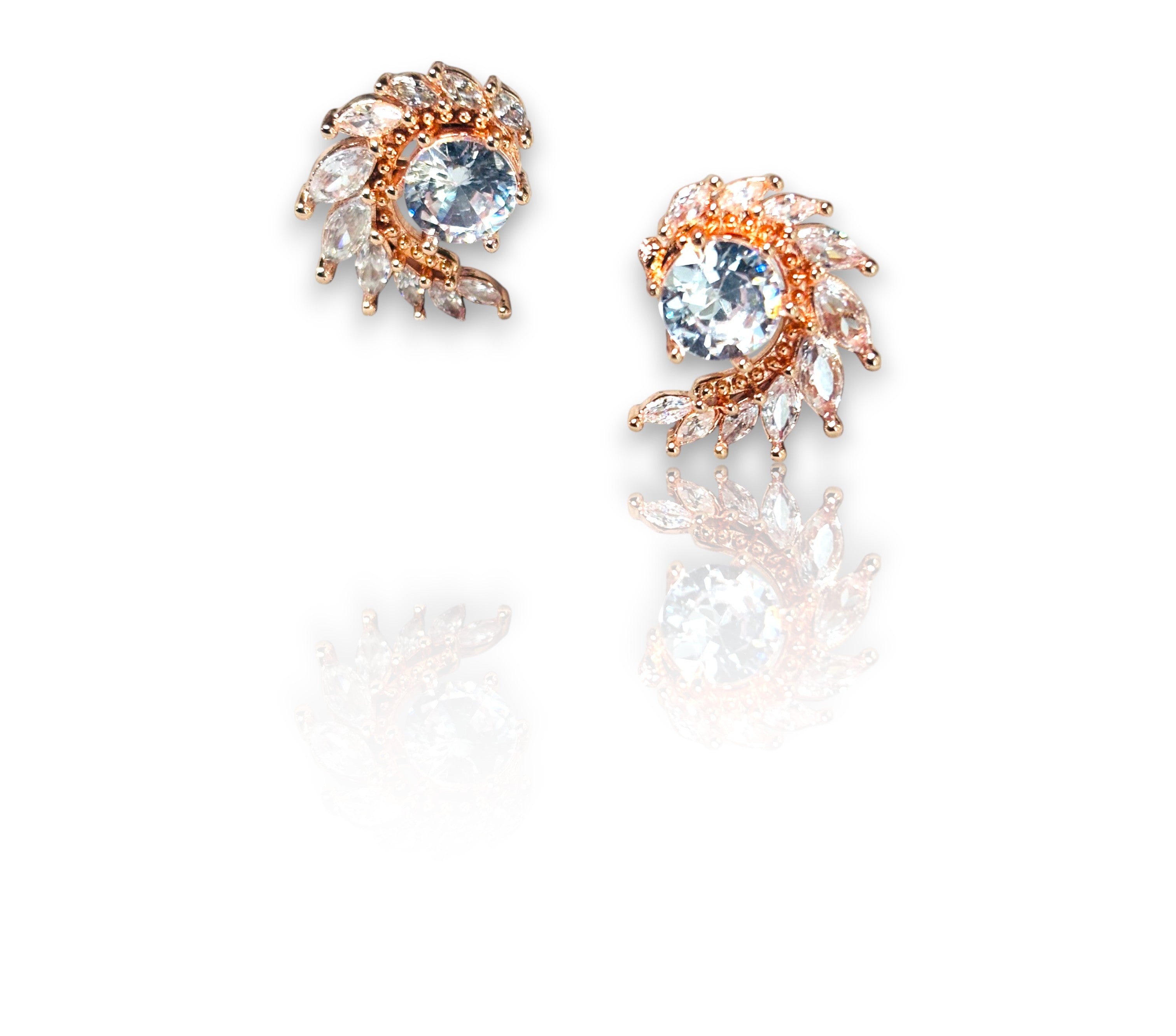 LA FILLE D'OR Crystal Stud Earrings with Centre Stone, Rose Gold Plated, Floral Design.