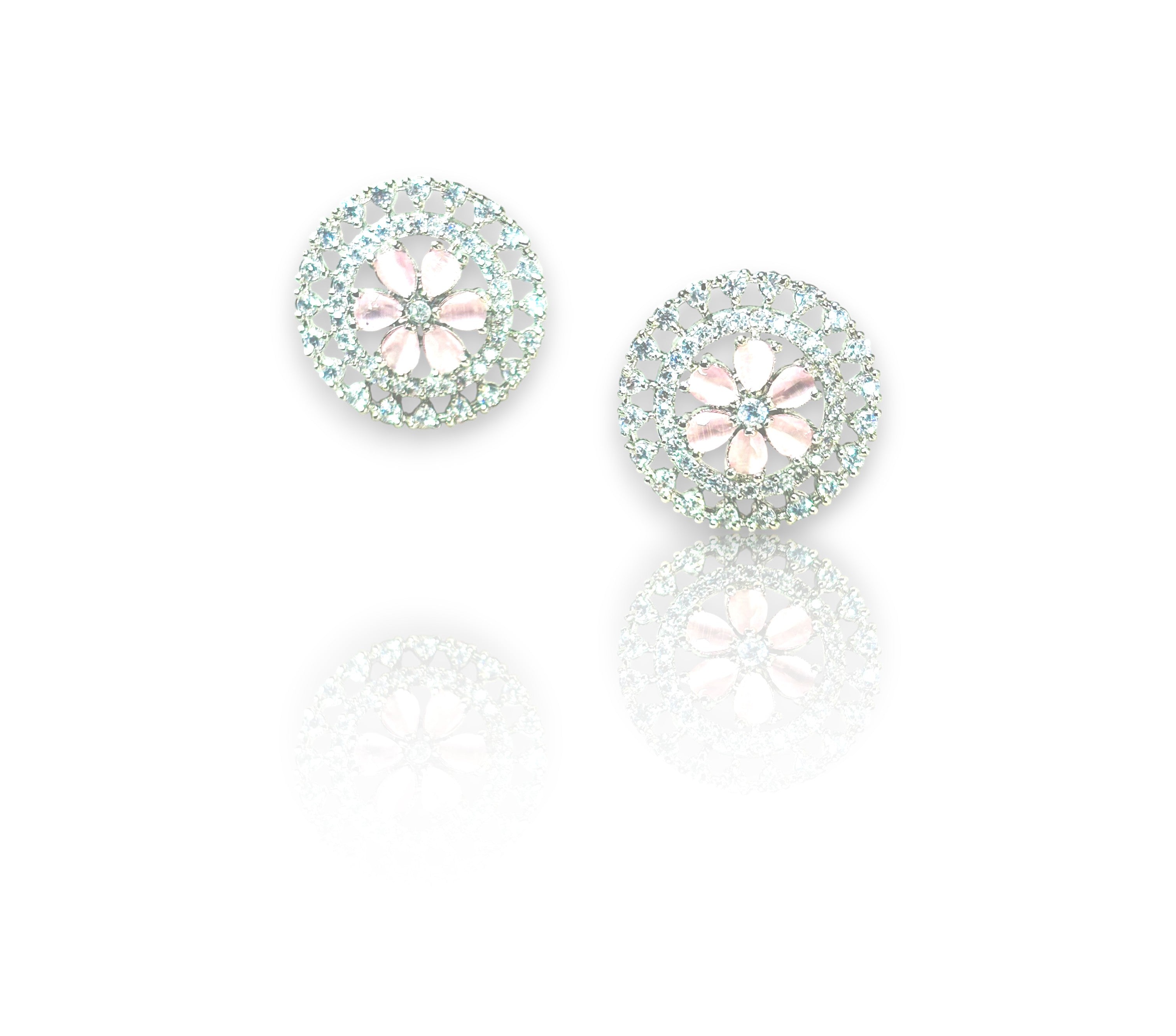 LA FILLE D'OR Crystal Floral Stud Earrings, Round Cut, 2.5 cm, PINK COLOR (SILVER PINK)
