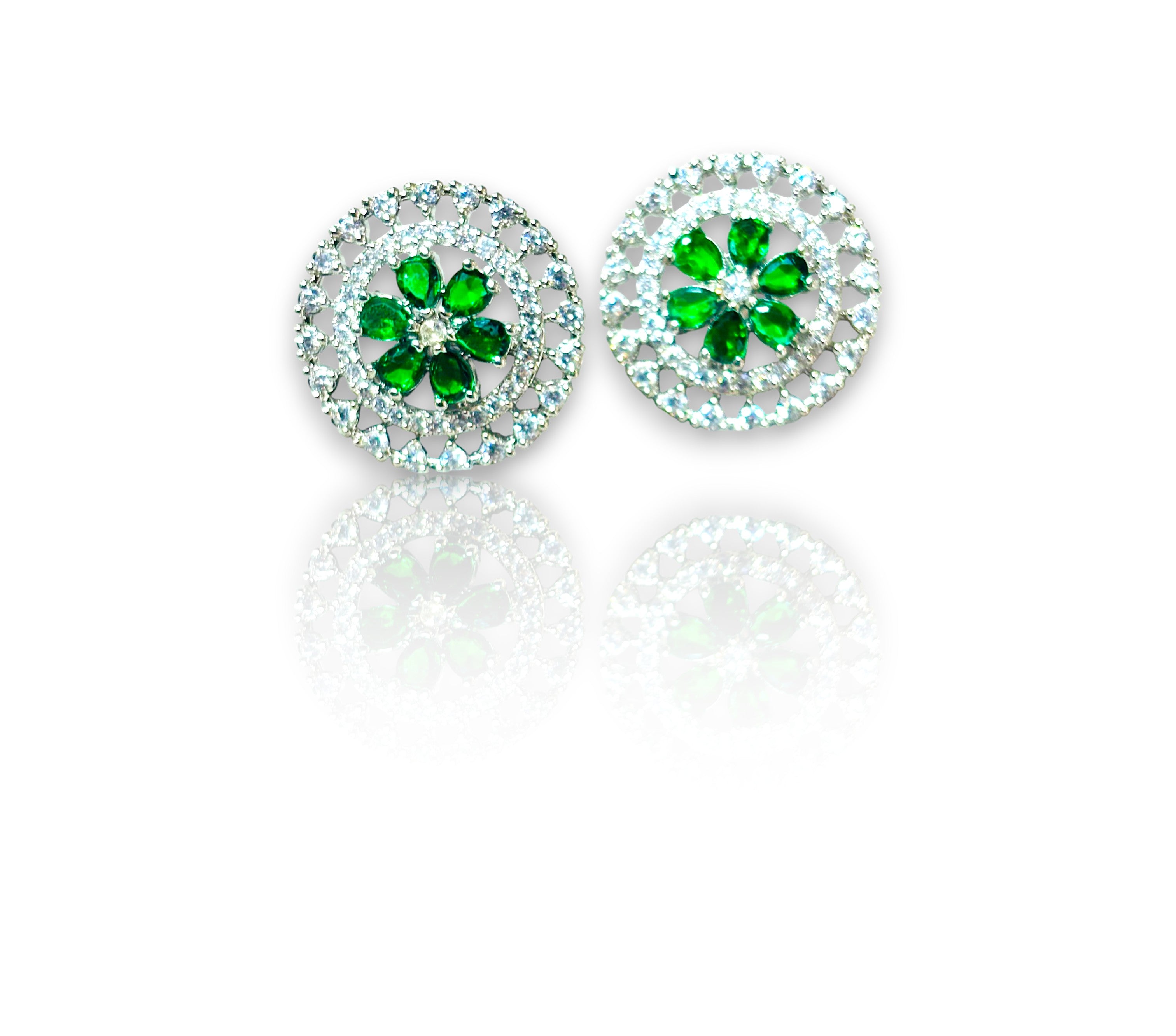 LA FILLE D'OR Crystal Floral Stud Earrings, Round Cut, 2.5 cm, Green COLOR (SILVER Green)