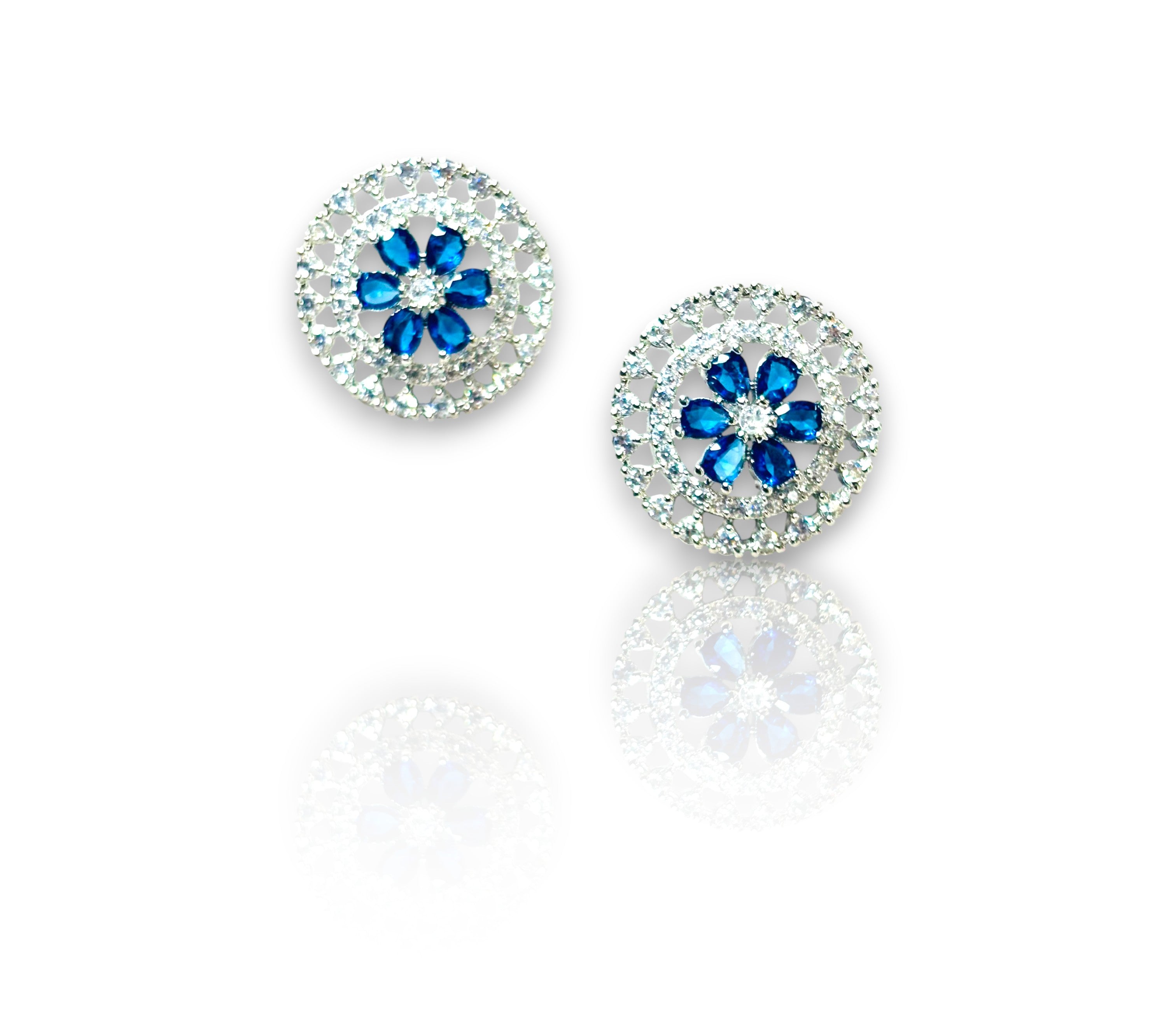 LA FILLE D'OR Crystal Floral Stud Earrings, Round Cut, 2.5 cm, Green COLOR (Blue Silver)