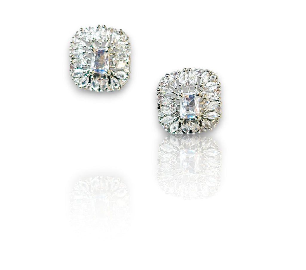 LA FILLE D'OR Luxury Crystal Square Stud Earrings, Cubic Zirconia Halo Design