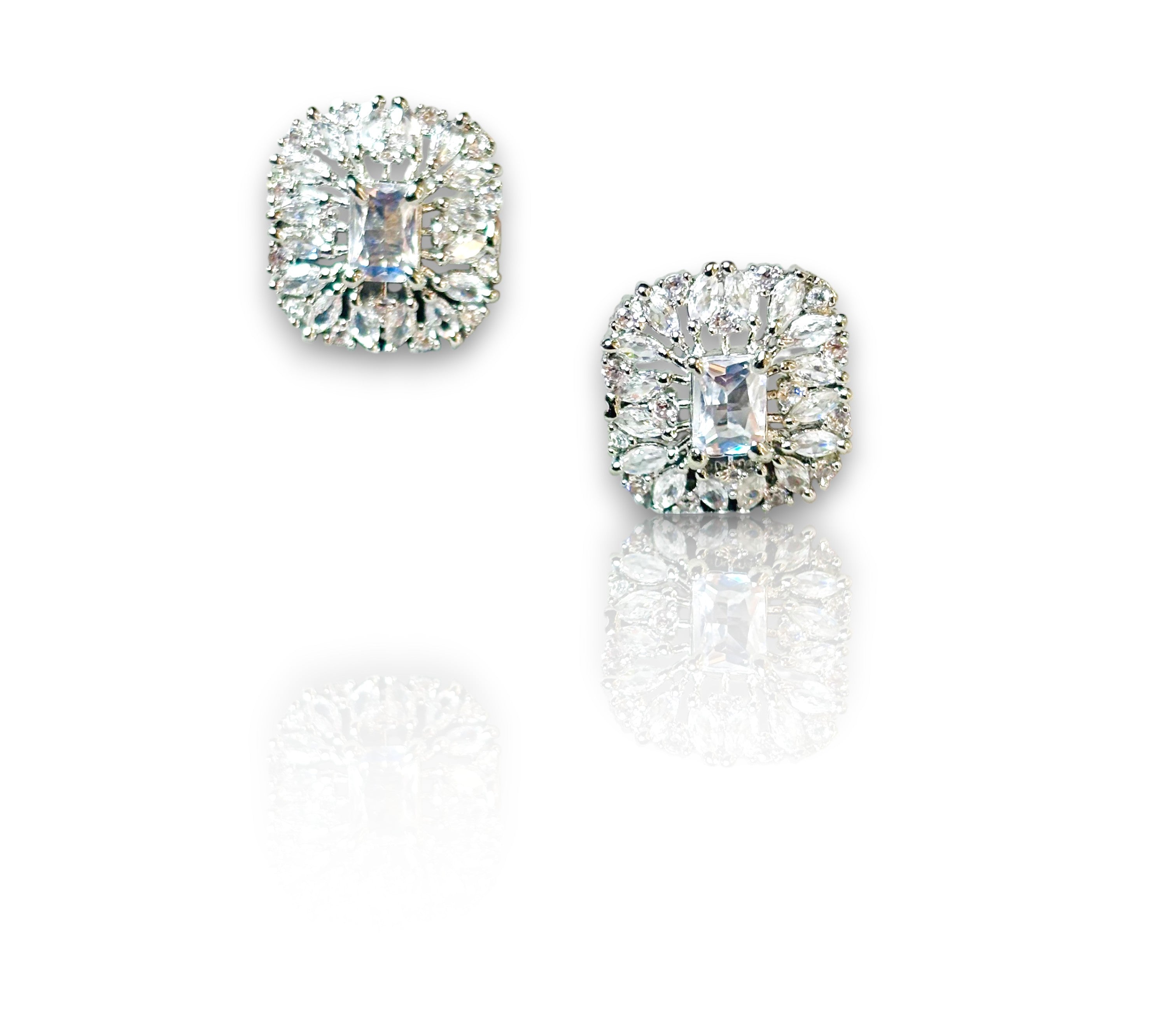LA FILLE D'OR Luxury Crystal Square Stud Earrings, Cubic Zirconia Halo Design