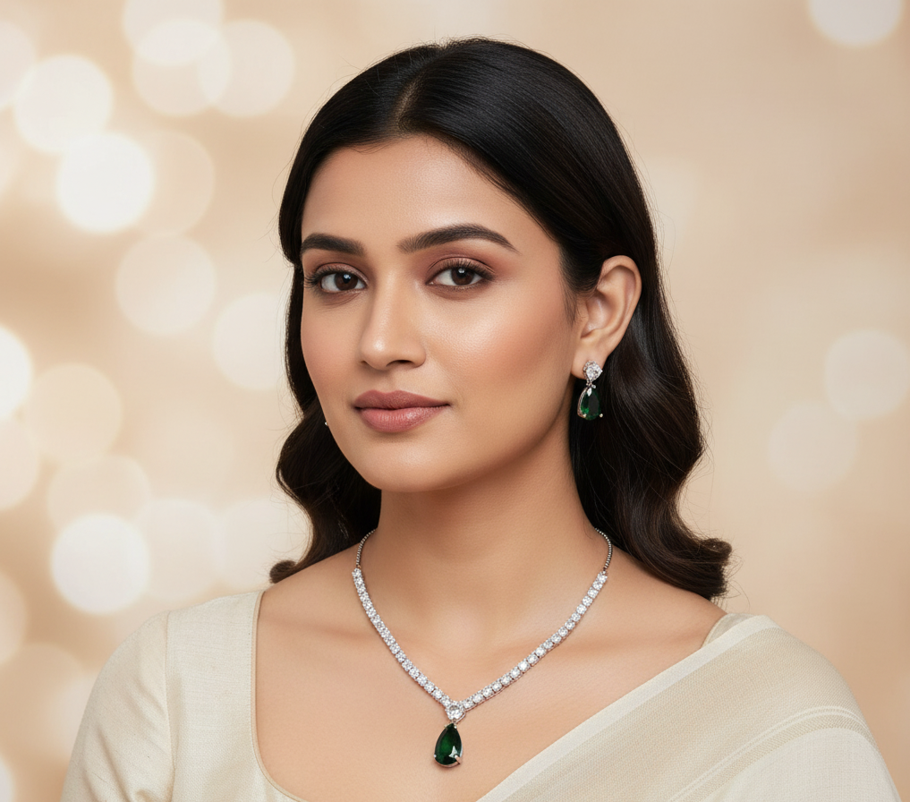 LA FILLE D'OR Emerald Green Teardrop Necklace Set with Cubic Zirconia (EMERALD GREEN, ONE SIZE)