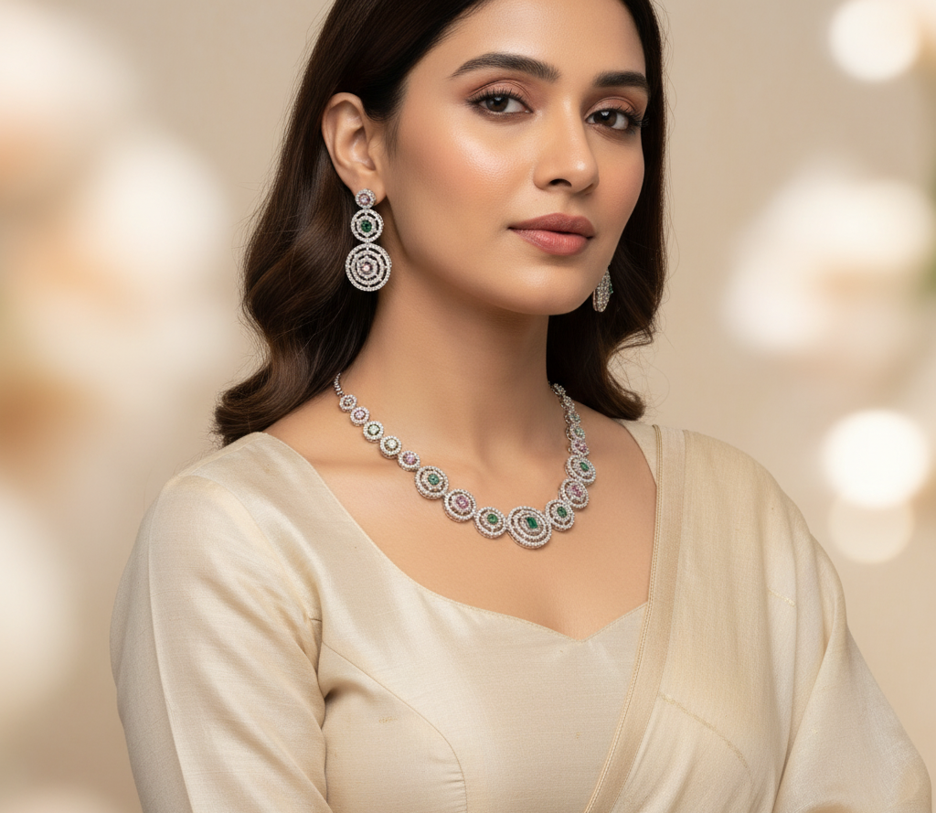 LA FILLE D'OR Cubic Zirconia Necklace Set with Earrings.