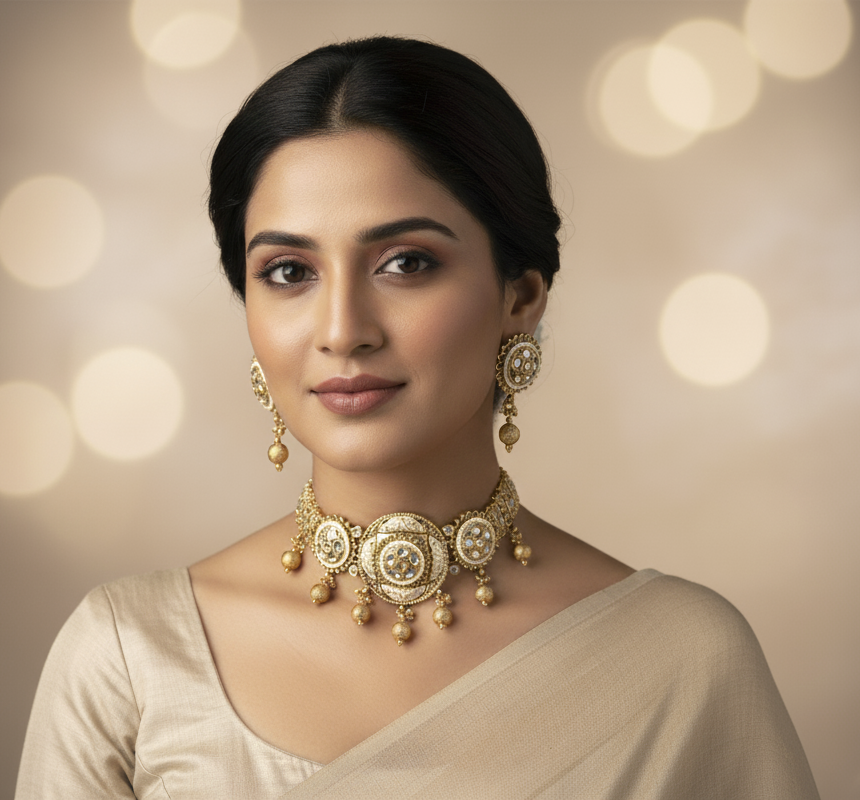 LA FILLE D'OR Traditional Gold-Plated Choker Necklace Set with Crystal Stones, Matching Drop Earrings
