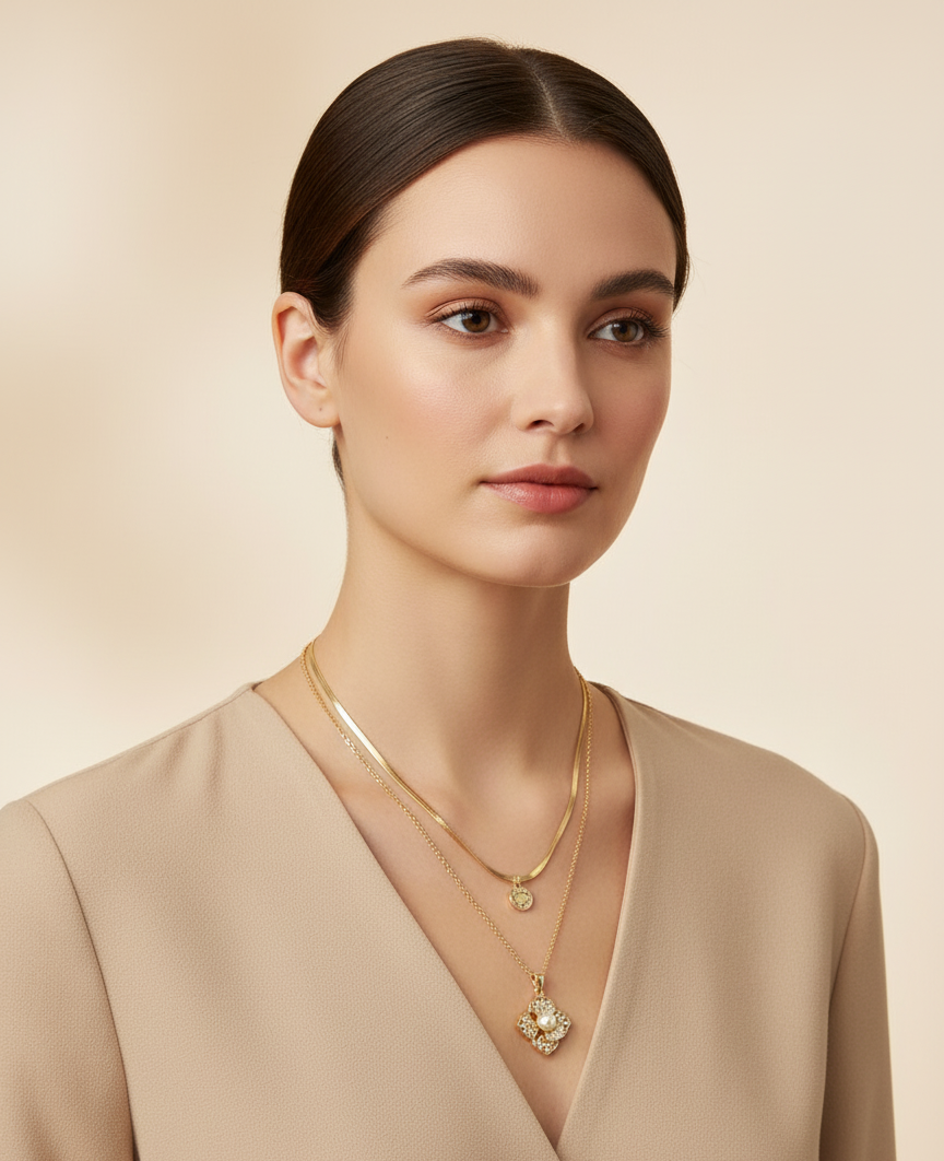 LA FILLE D'OR Layered Gold Chain Necklace with Flower Pendant, 20 cm Length, 4 cm Pendant