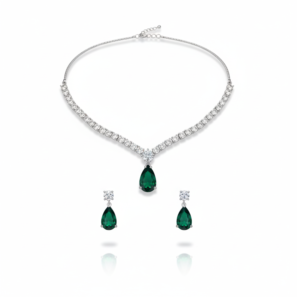 LA FILLE D'OR Emerald Green Teardrop Necklace Set with Cubic Zirconia (EMERALD GREEN, ONE SIZE)