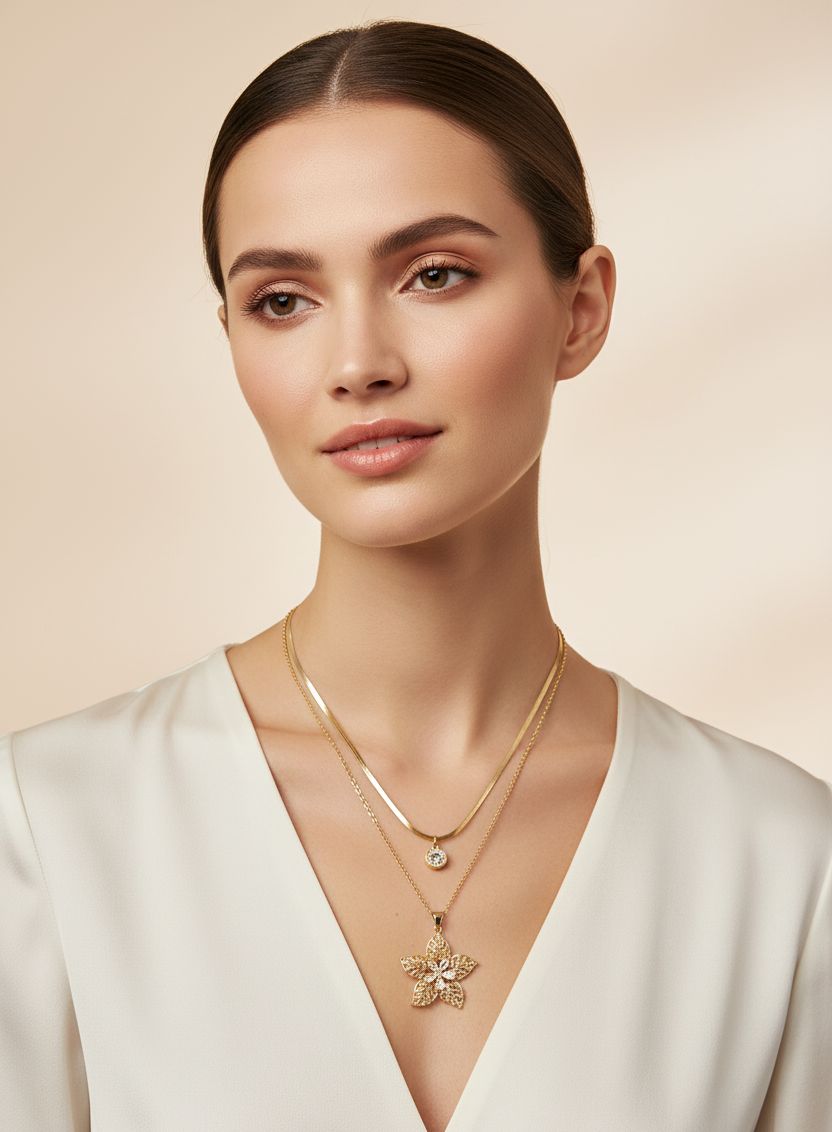 LA FILLE D'OR Layered Gold Chain Necklace with Flower Pendant, 20 cm Length, 4 cm Pendant