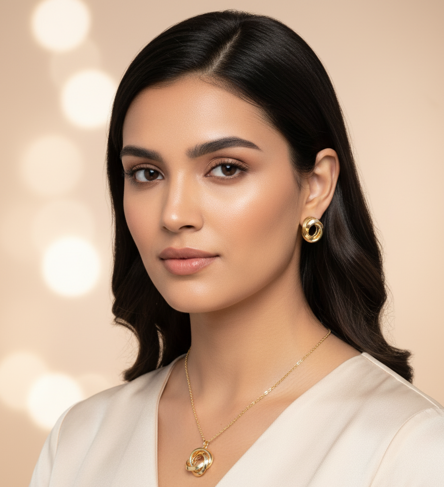 LA FILLE D'OR Gold-Tone Twisted Circle Jewellery Set with Necklace, Earrings and Ring, Chain Length