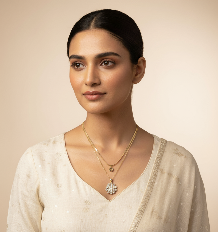 LA FILLE D'OR Layered Gold-Plated Necklace Set, Crystal Pendant, 22cm Chain Length, 4 cm Pendant