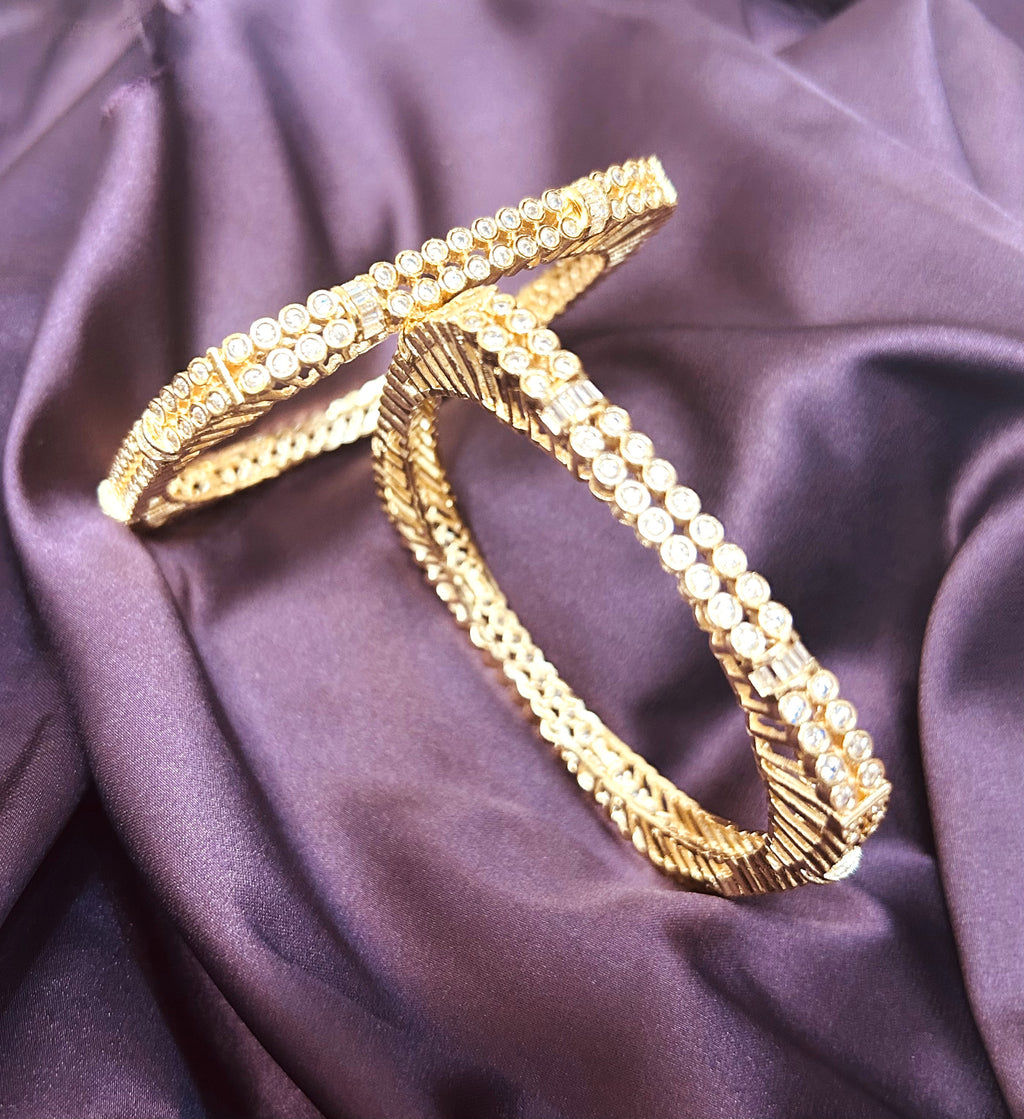 LA FILLE D'OR Luxury Crystal Gold-Plated Bangles Set, Double Row Rhinestone Design, Traditional Wedding Jewellery, 2 Pieces