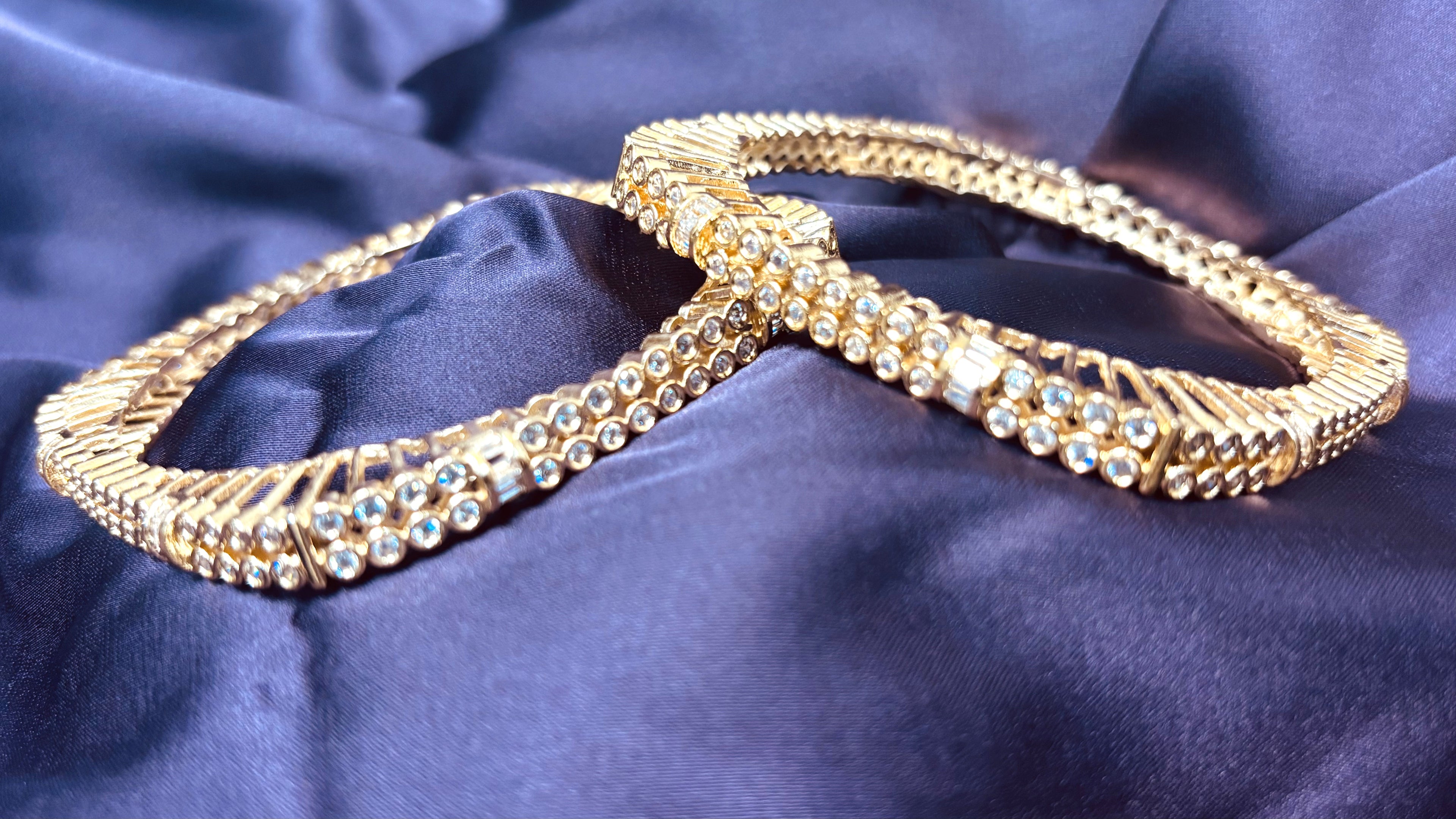 LA FILLE D'OR Luxury Crystal Gold-Plated Bangles Set, Double Row Rhinestone Design, Traditional Wedding Jewellery, 2 Pieces