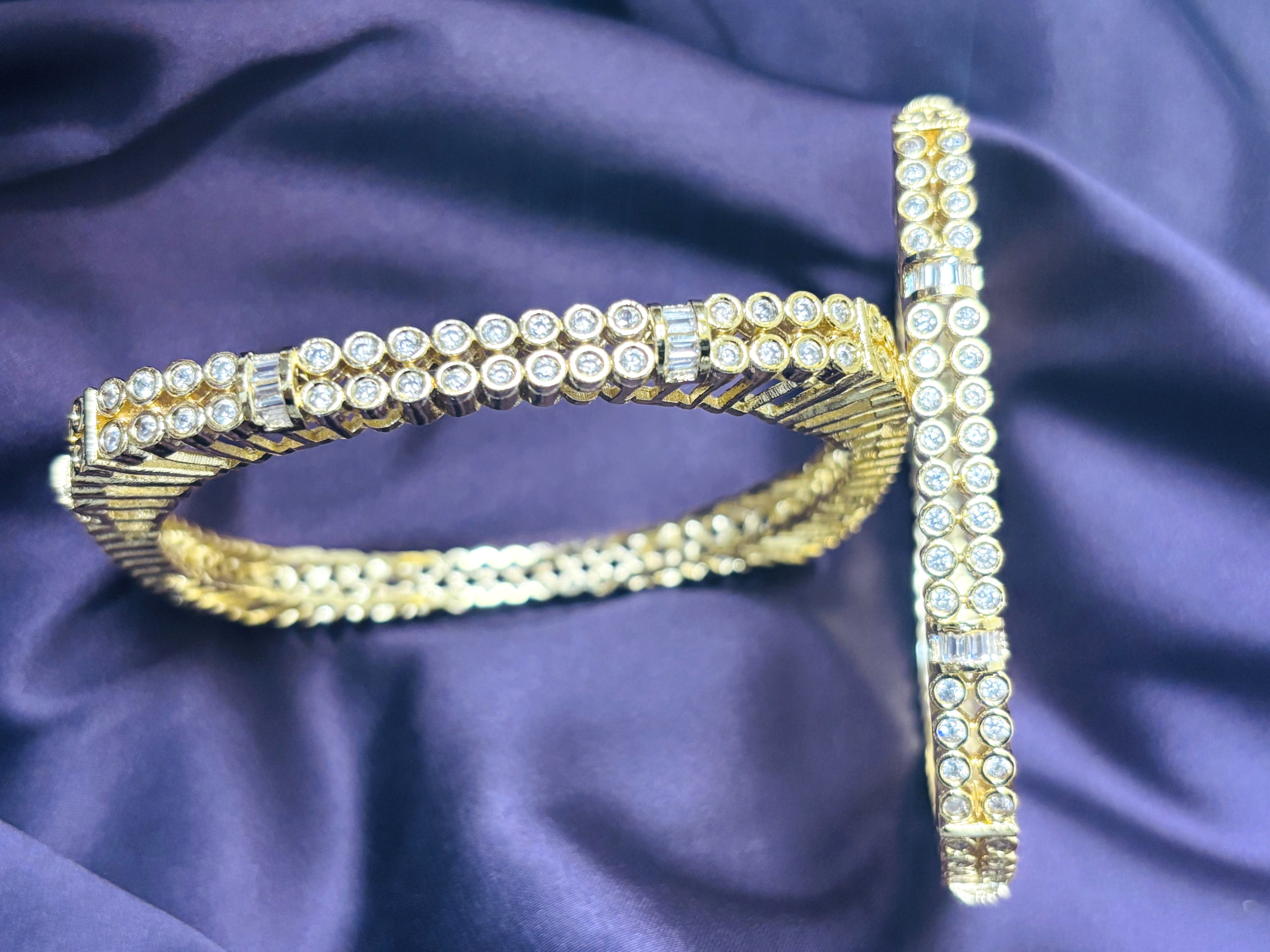 LA FILLE D'OR Luxury Crystal Gold-Plated Bangles Set, Double Row Rhinestone Design, Traditional Wedding Jewellery, 2 Pieces