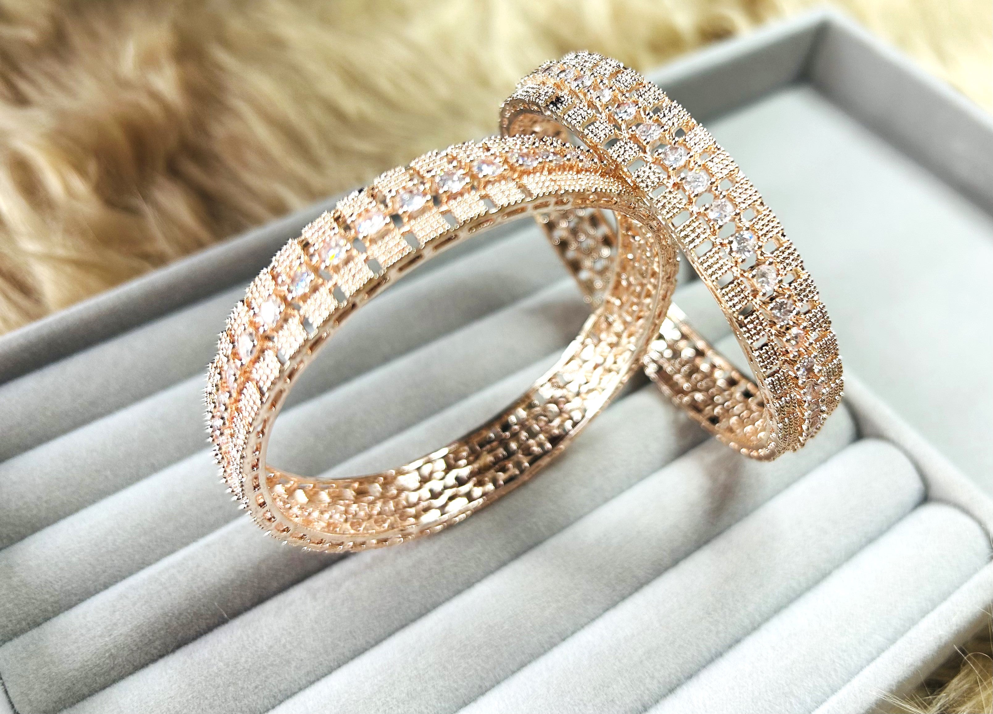 LA FILLE D'OR Elegant Rose Gold Crystal BangleS, Rhinestone Encrusted Design, Fashion Jewellery, Set of 2