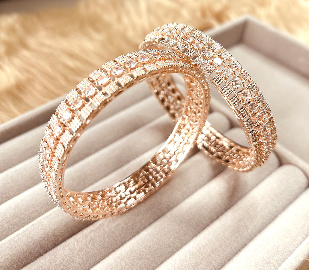LA FILLE D'OR Elegant Rose Gold Crystal BangleS, Rhinestone Encrusted Design, Fashion Jewellery, Set of 2