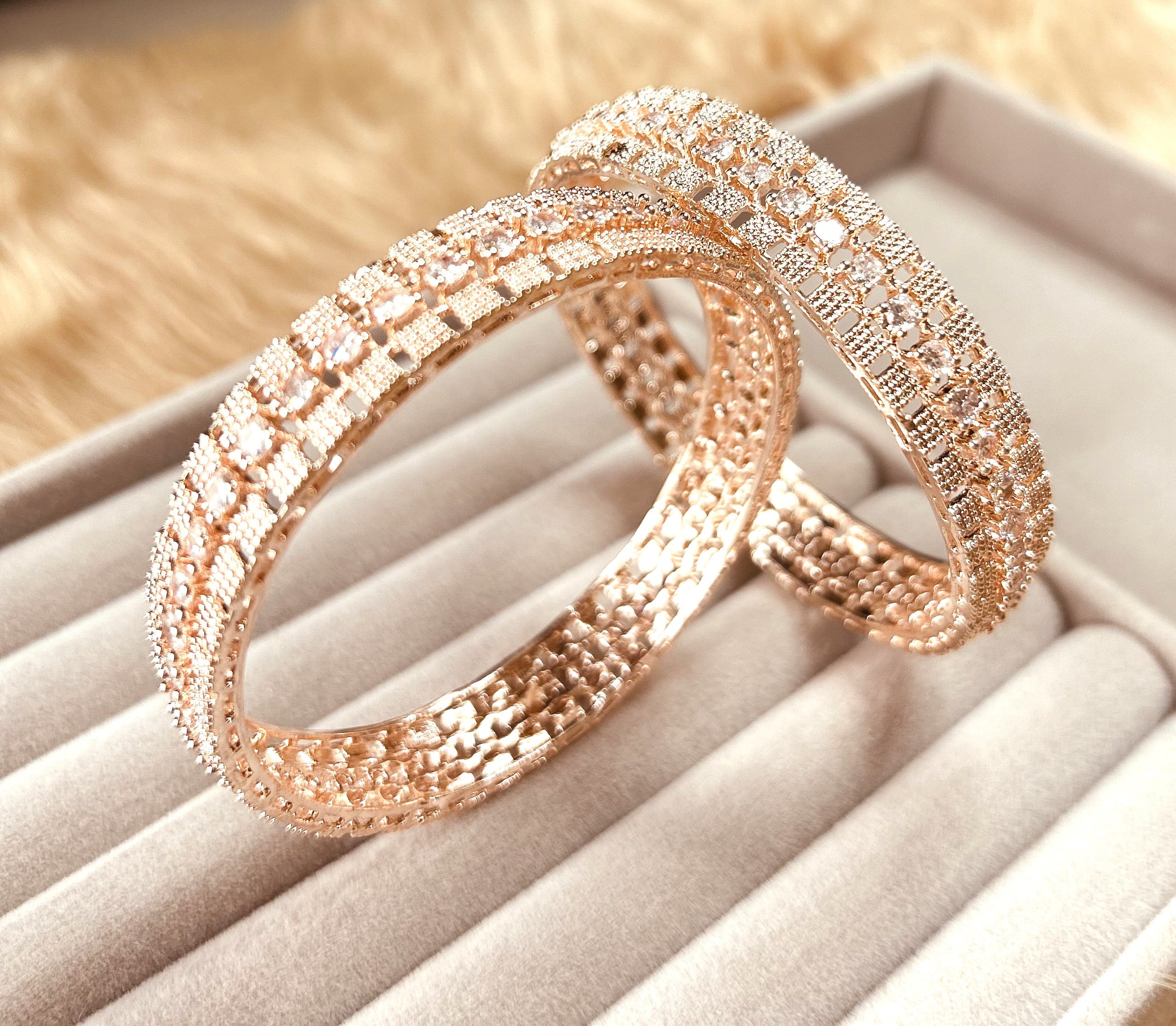 LA FILLE D'OR Elegant Rose Gold Crystal BangleS, Rhinestone Encrusted Design, Fashion Jewellery, Set of 2