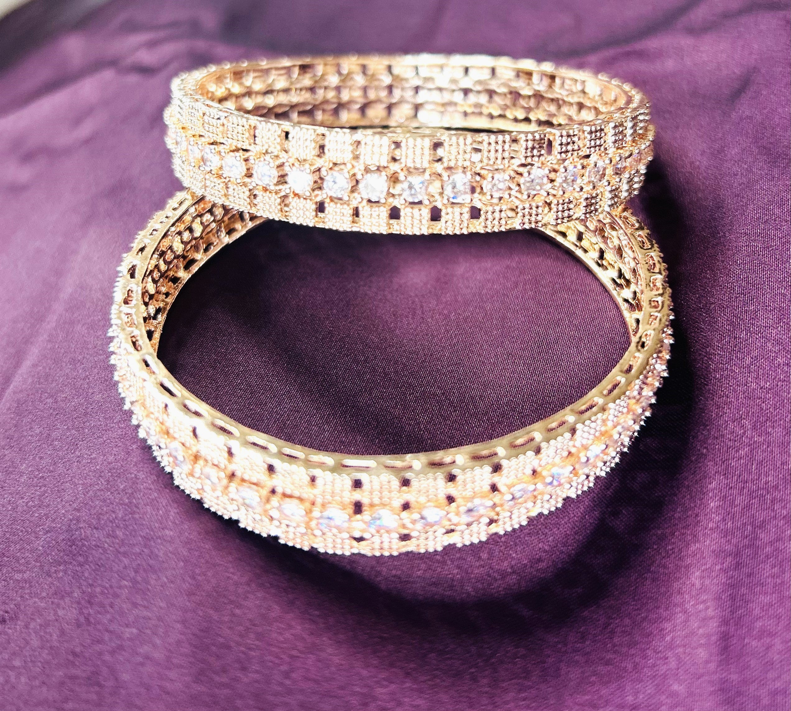 LA FILLE D'OR Elegant Rose Gold Crystal BangleS, Rhinestone Encrusted Design, Fashion Jewellery, Set of 2