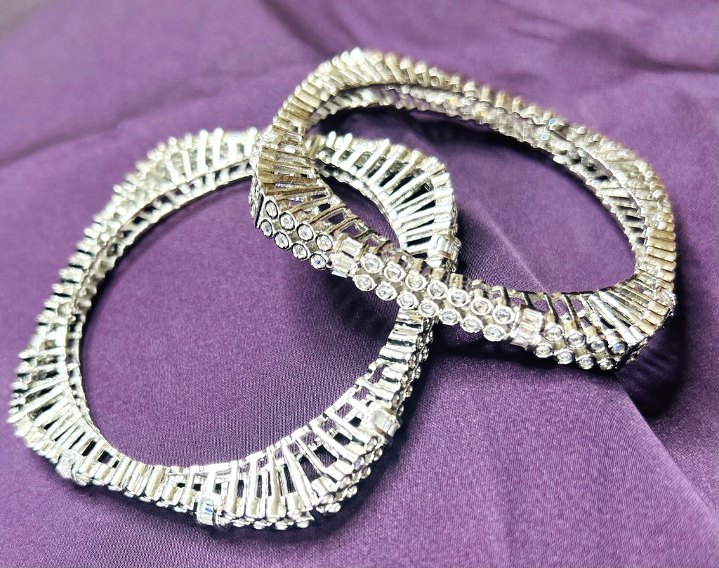 LA FILLE D'OR Crystal Rhinestone Bangle Set, Silver-Toned Art Deco Design, 2-Piece Fashion Bracelet