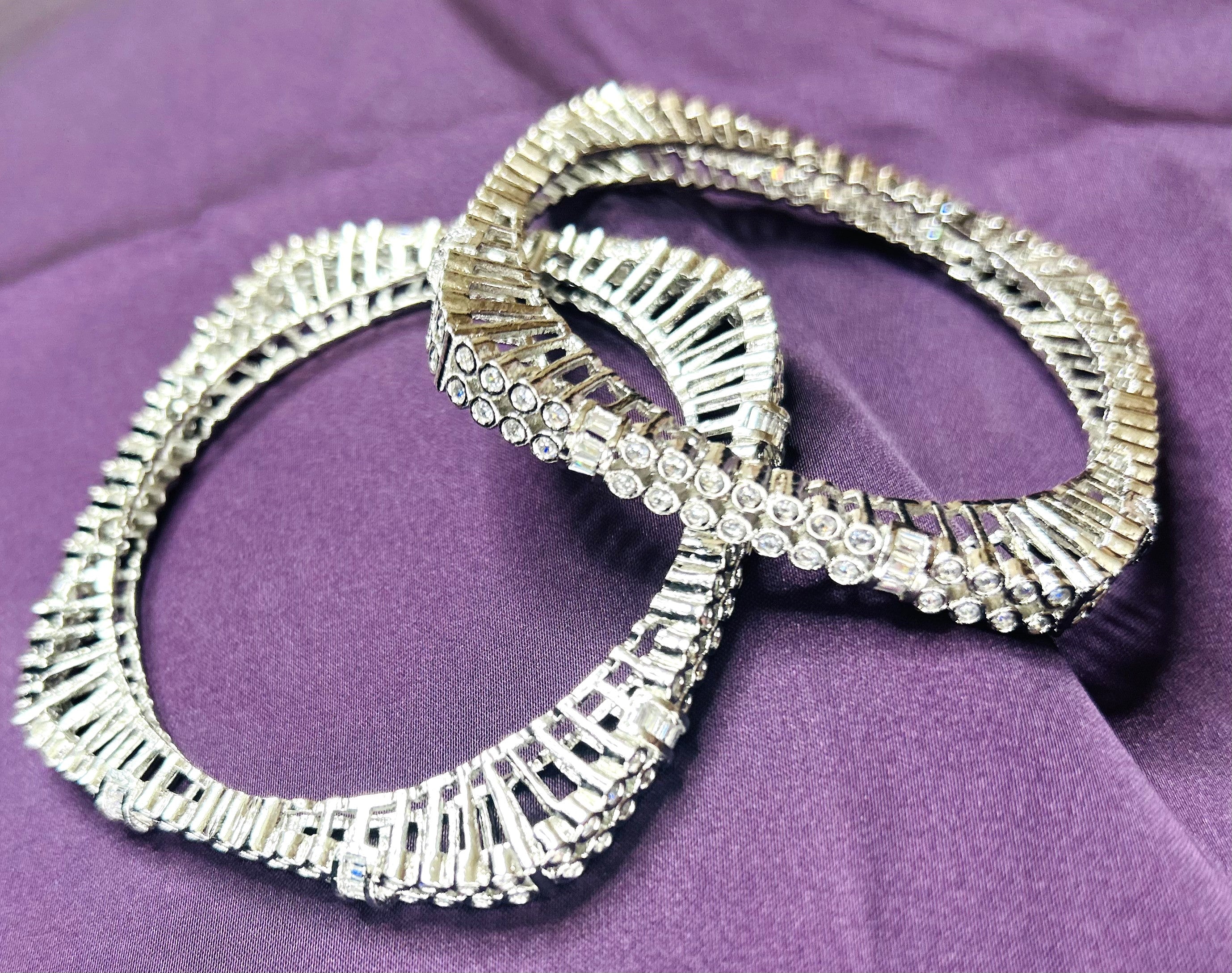 LA FILLE D'OR Crystal Rhinestone Bangle Set, Silver-Toned Art Deco Design, 2-Piece Fashion Bracelet