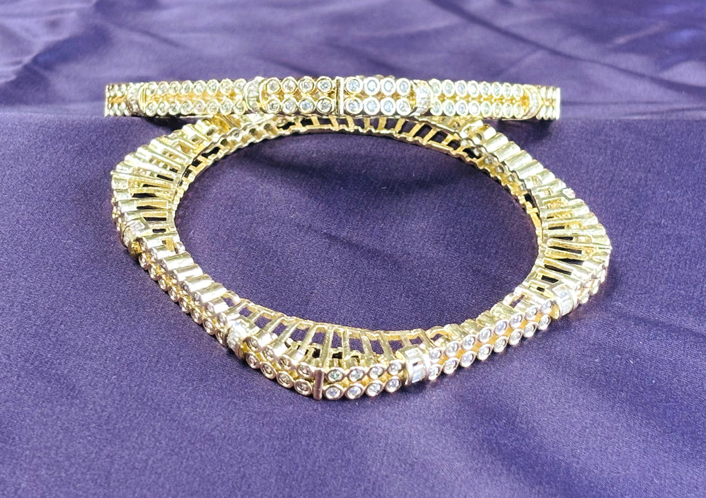 LA FILLE D'OR Luxury Crystal Gold-Plated Bangles Set, Double Row Rhinestone Design, Traditional Wedding Jewellery, 2 Pieces