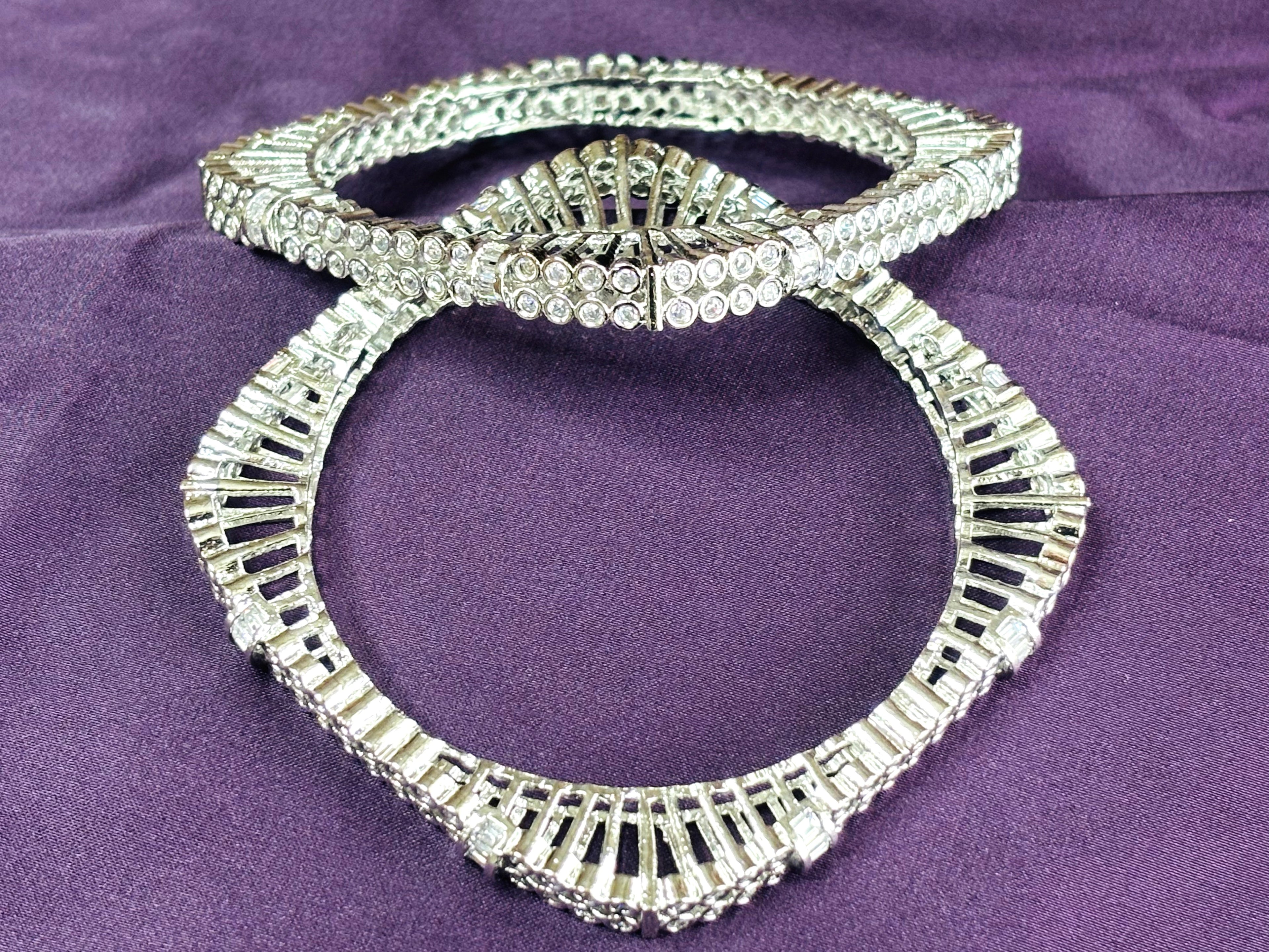 LA FILLE D'OR Crystal Rhinestone Bangle Set, Silver-Toned Art Deco Design, 2-Piece Fashion Bracelet