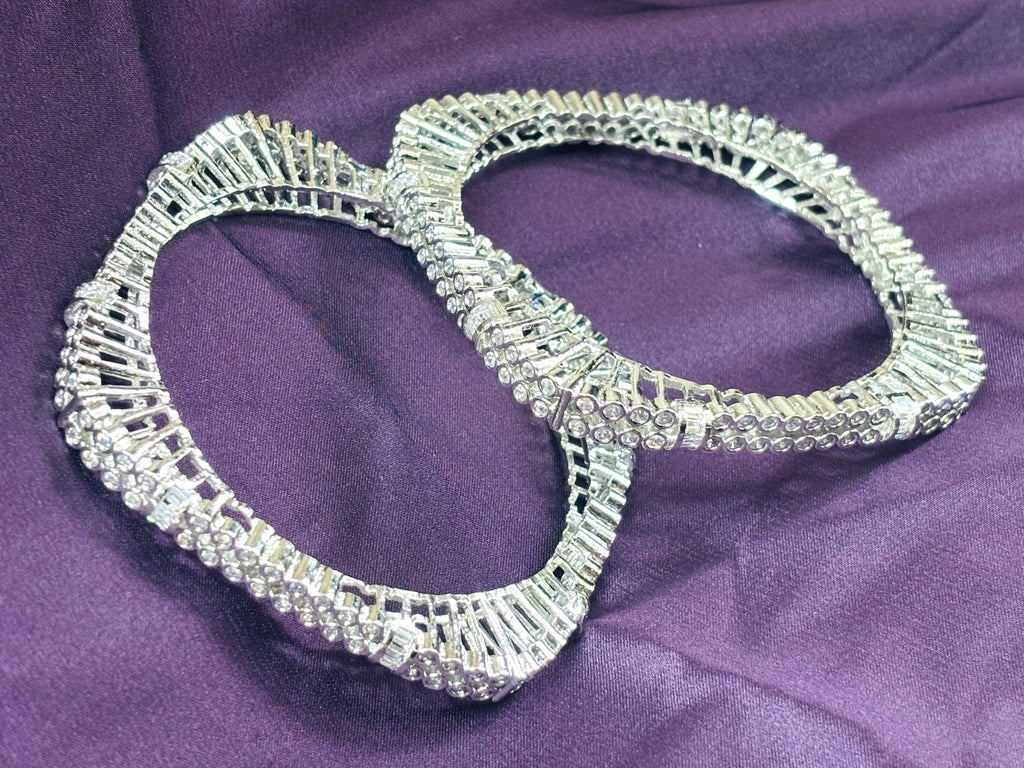 LA FILLE D'OR Crystal Rhinestone Bangle Set, Silver-Toned Art Deco Design, 2-Piece Fashion Bracelet