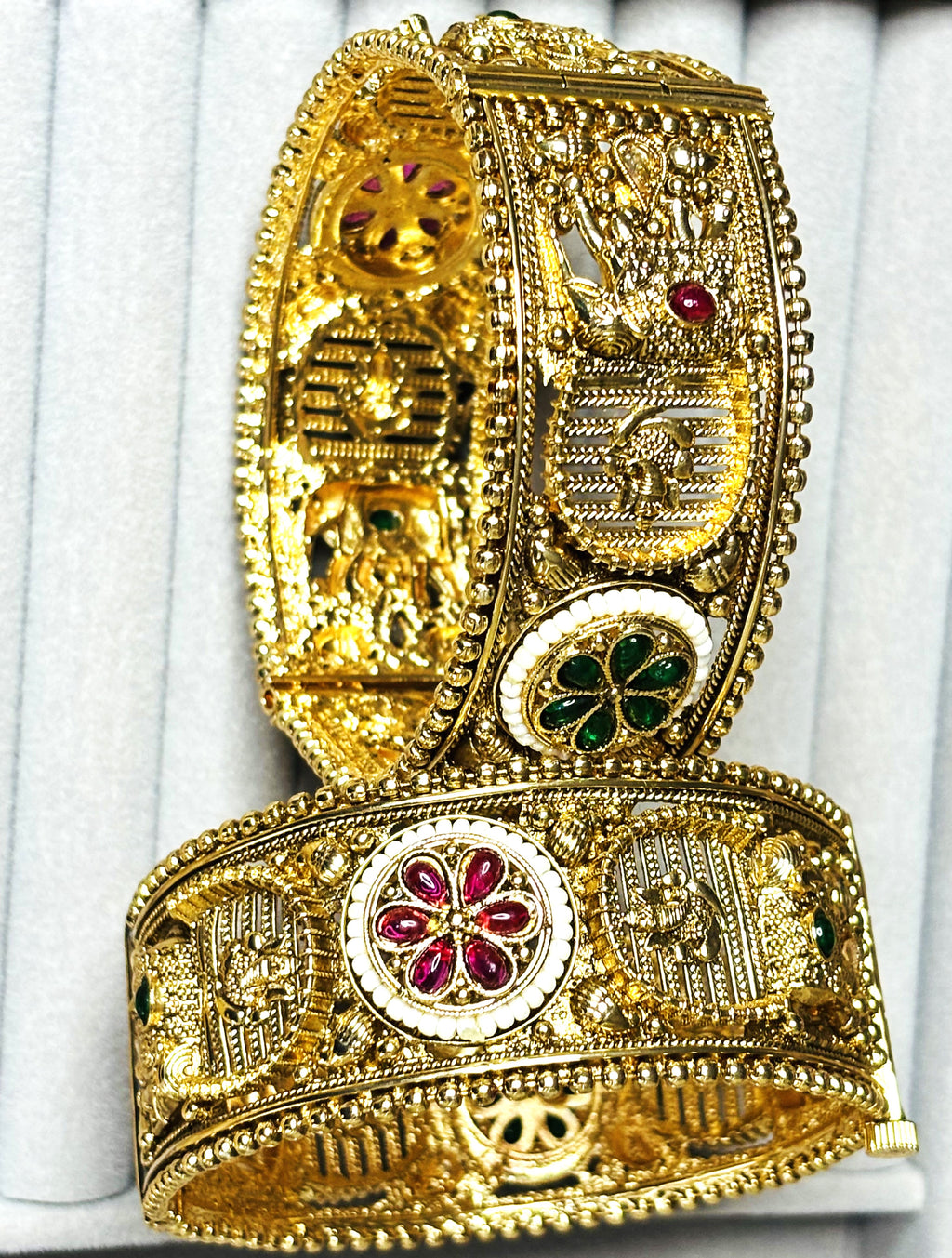 LA FILLE D'OR Traditional Gold-Plated Bangles with Ruby and Emerald Floral Design, Wide Cuff Style, Set of 2