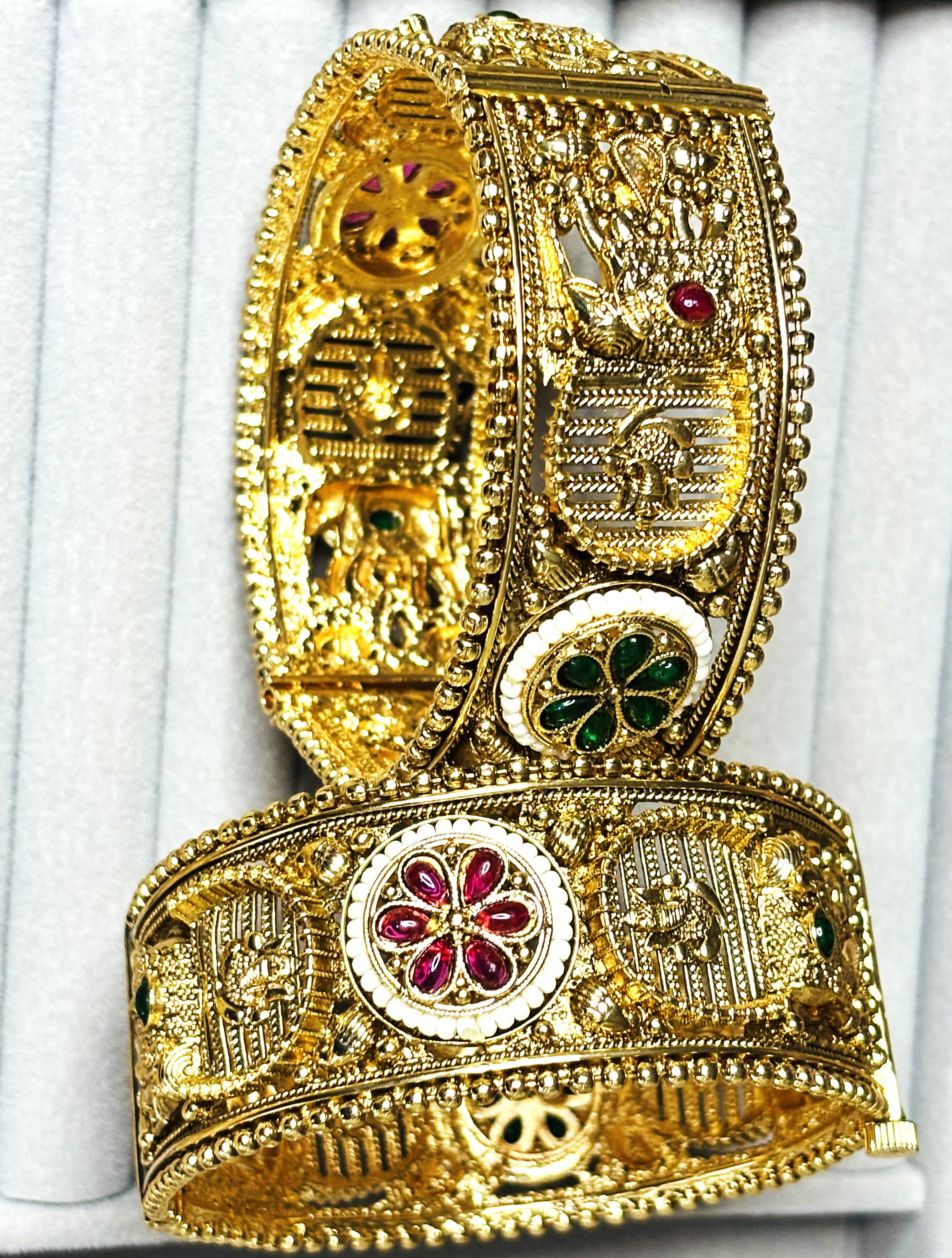 LA FILLE D'OR Traditional Gold-Plated Bangles with Ruby and Emerald Floral Design, Wide Cuff Style, Set of 2