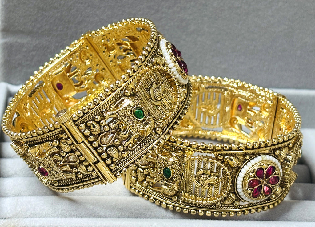 LA FILLE D'OR Traditional Gold-Plated Bangles with Ruby and Emerald Floral Design, Wide Cuff Style, Set of 2