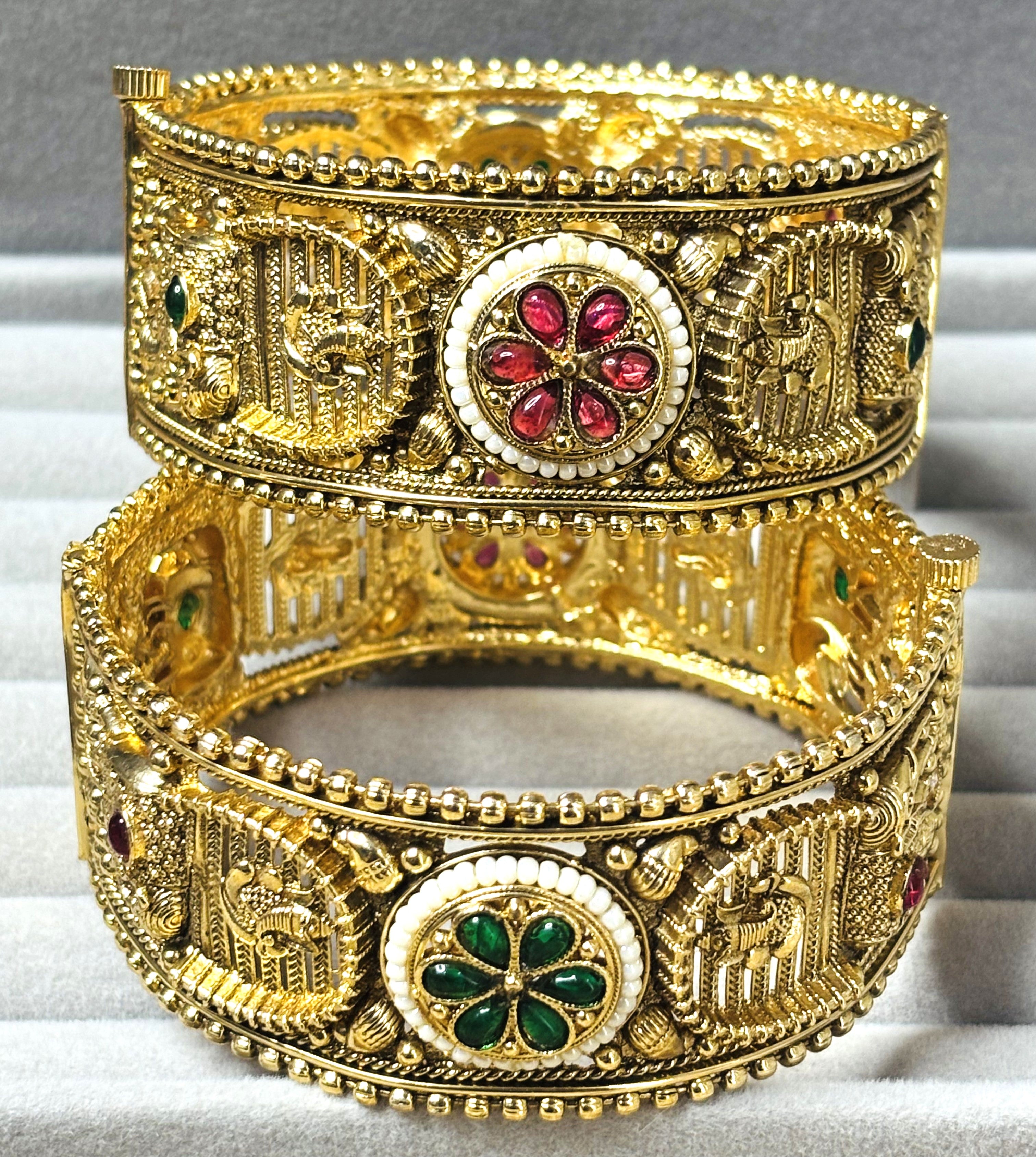 LA FILLE D'OR Traditional Gold-Plated Bangles with Ruby and Emerald Floral Design, Wide Cuff Style, Set of 2