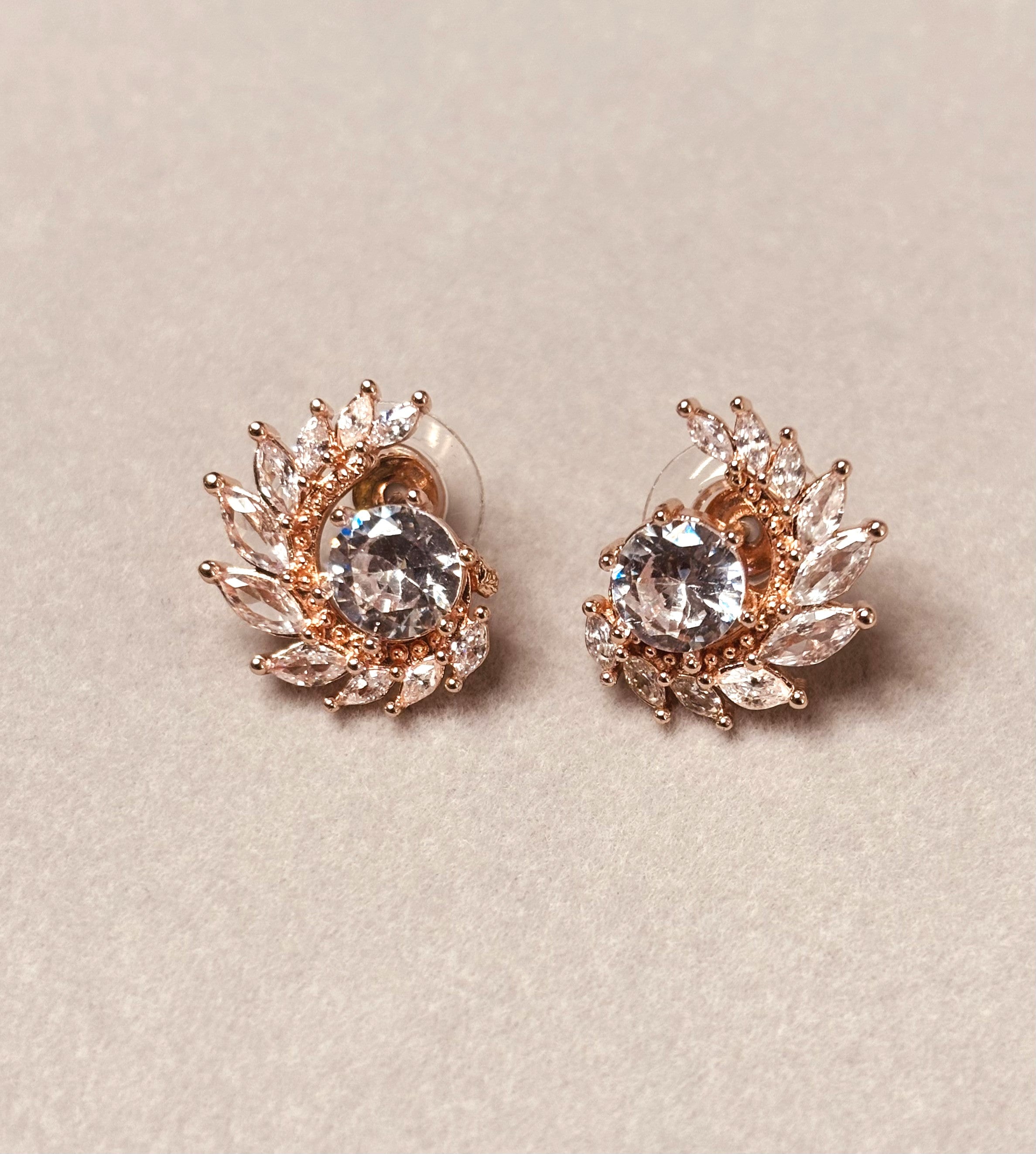 LA FILLE D'OR Crystal Stud Earrings with Centre Stone, Rose Gold Plated, Floral Design.