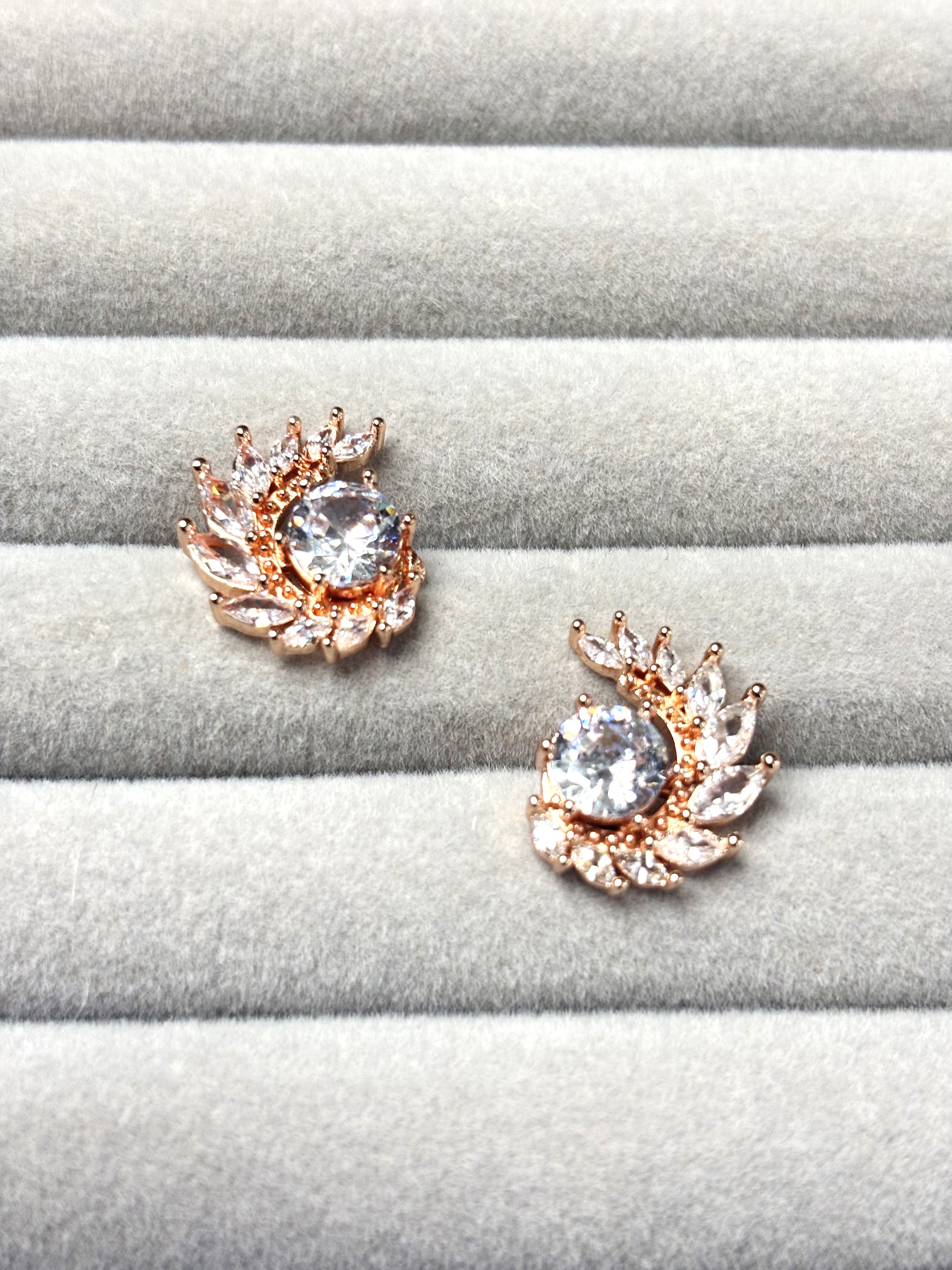 LA FILLE D'OR Crystal Stud Earrings with Centre Stone, Rose Gold Plated, Floral Design.