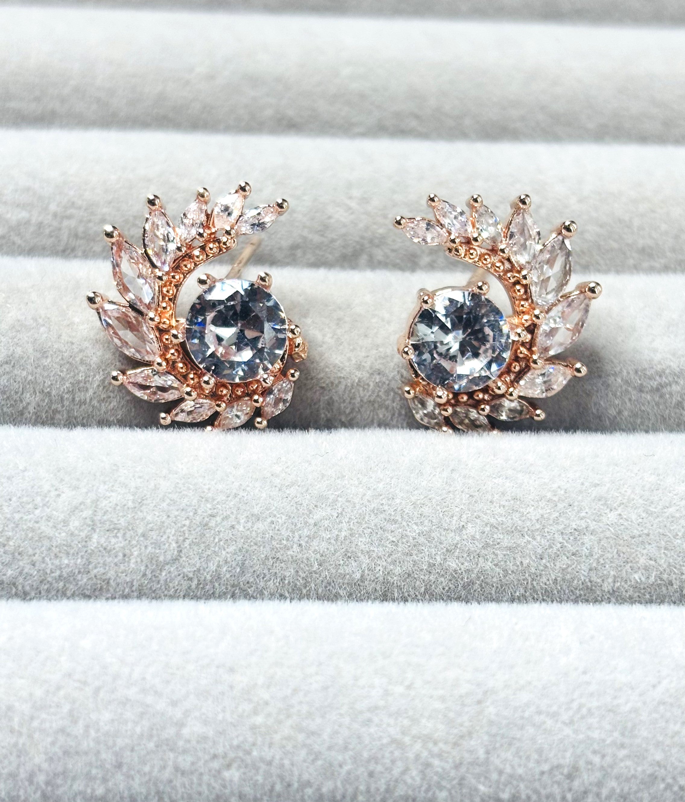 LA FILLE D'OR Crystal Stud Earrings with Centre Stone, Rose Gold Plated, Floral Design.