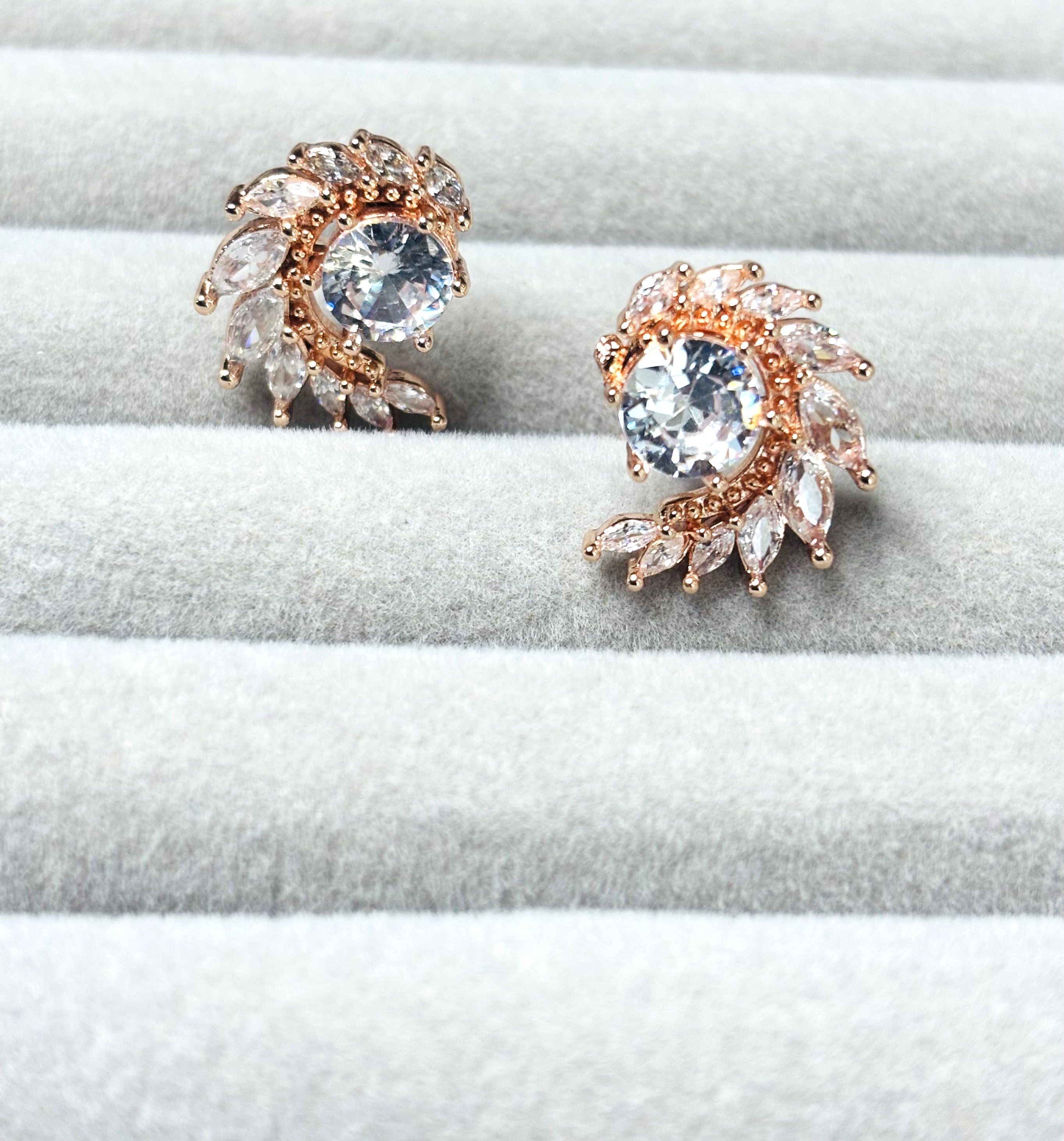 LA FILLE D'OR Crystal Stud Earrings with Centre Stone, Rose Gold Plated, Floral Design.