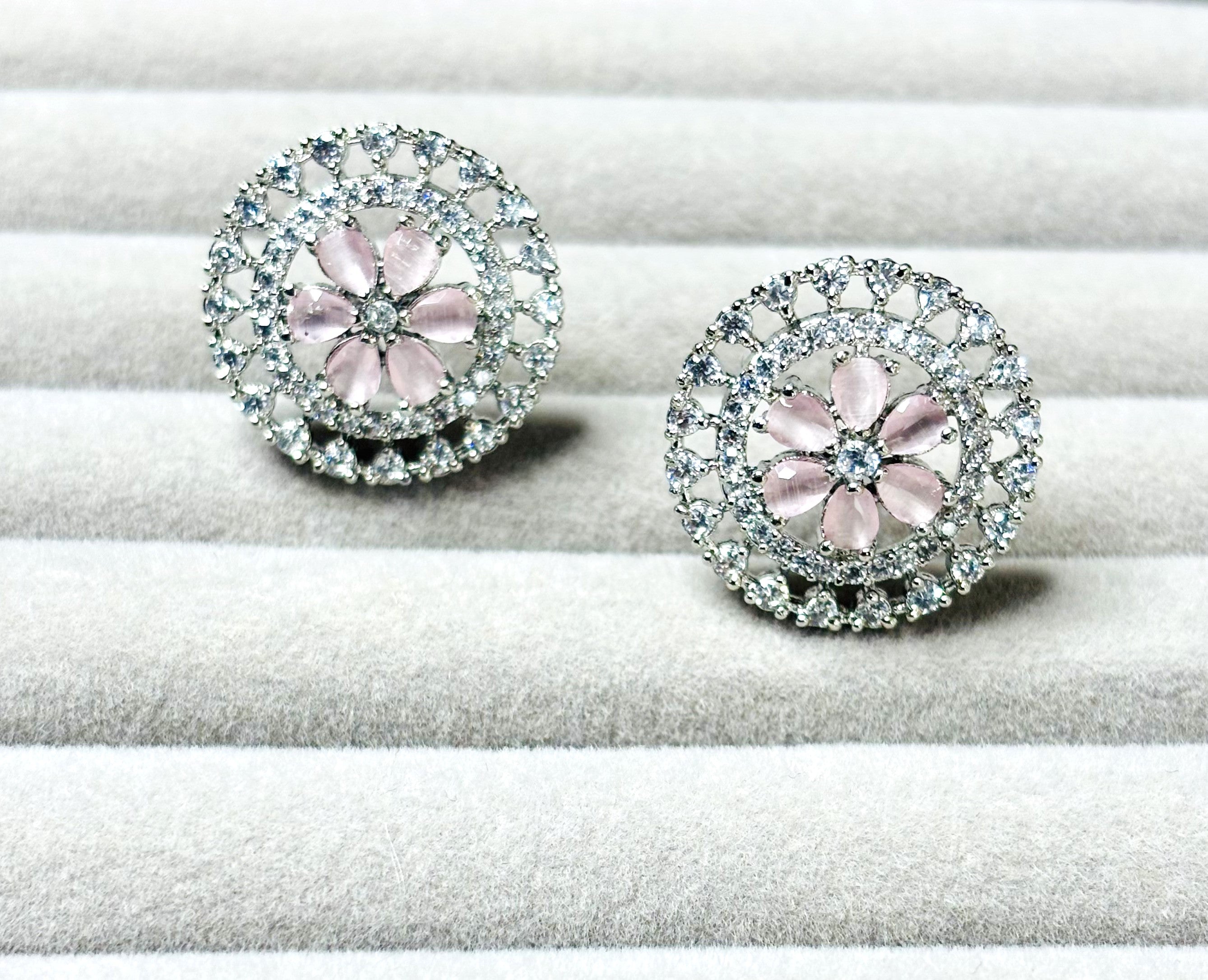 LA FILLE D'OR Crystal Floral Stud Earrings, Round Cut, 2.5 cm, PINK COLOR (SILVER PINK)