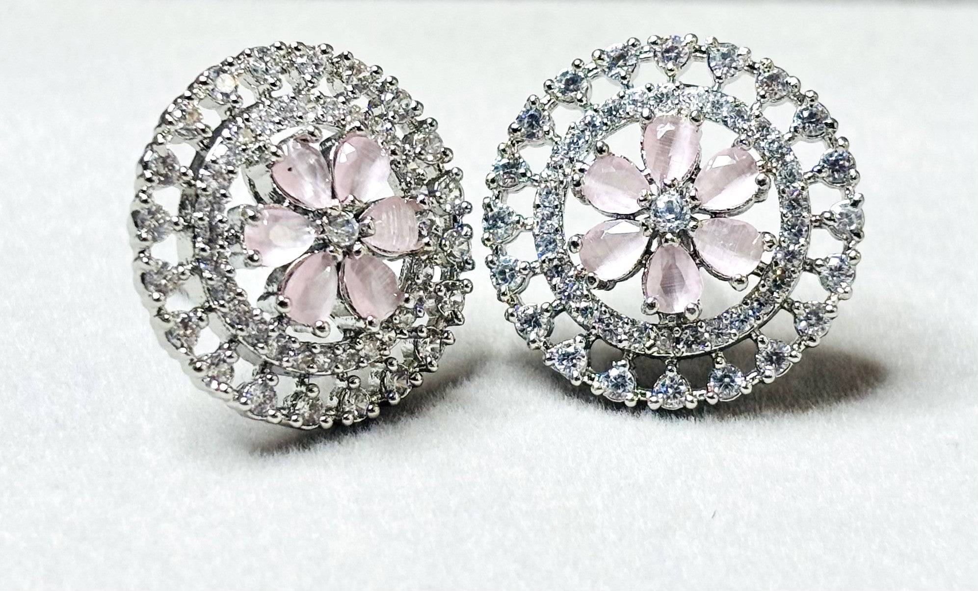 LA FILLE D'OR Crystal Floral Stud Earrings, Round Cut, 2.5 cm, PINK COLOR (SILVER PINK)