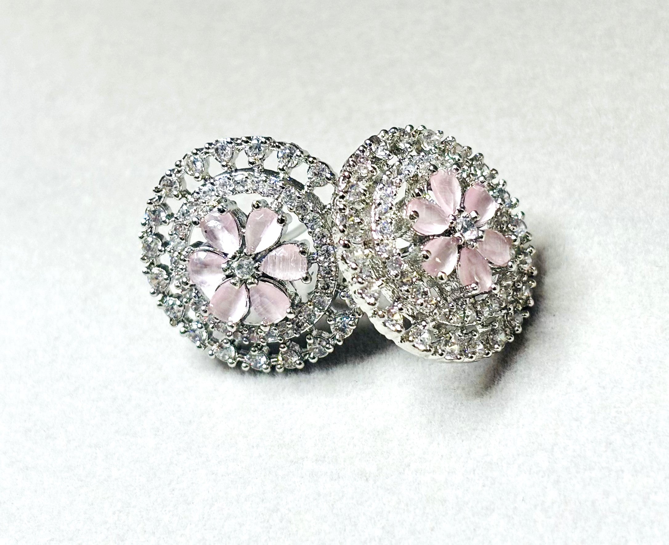 LA FILLE D'OR Crystal Floral Stud Earrings, Round Cut, 2.5 cm, PINK COLOR (SILVER PINK)