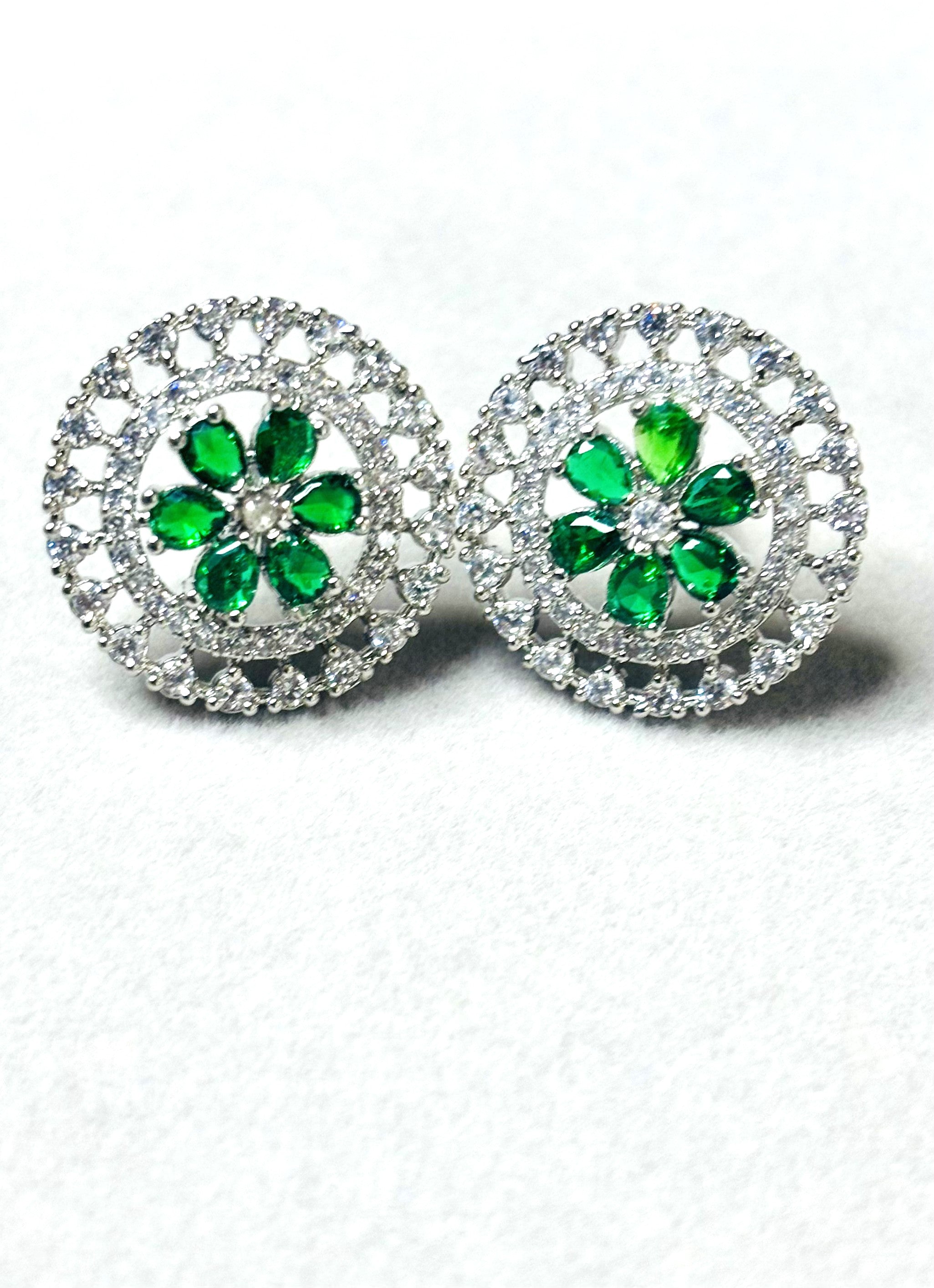 LA FILLE D'OR Crystal Floral Stud Earrings, Round Cut, 2.5 cm, Green COLOR (SILVER Green)