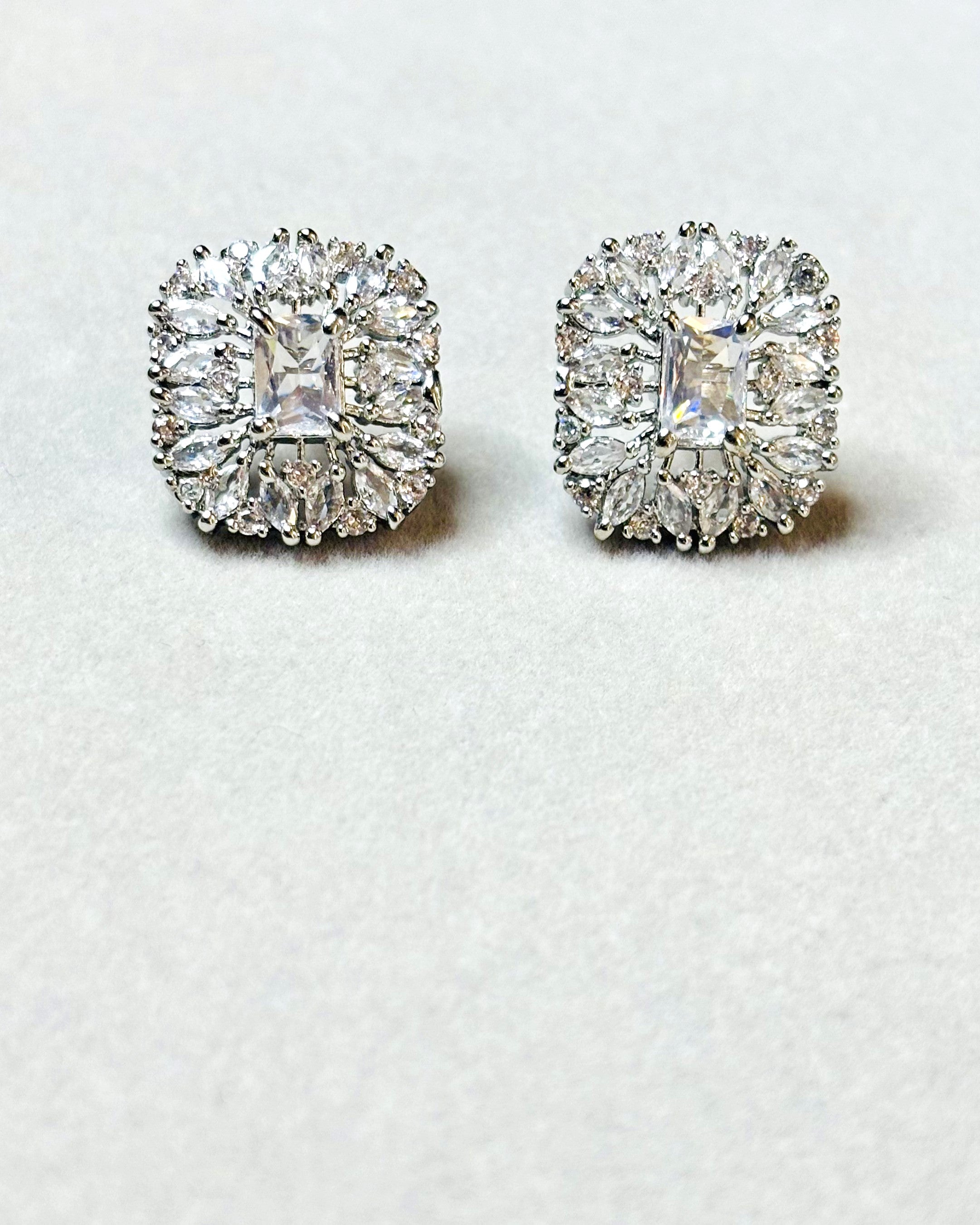 LA FILLE D'OR Luxury Crystal Square Stud Earrings, Cubic Zirconia Halo Design