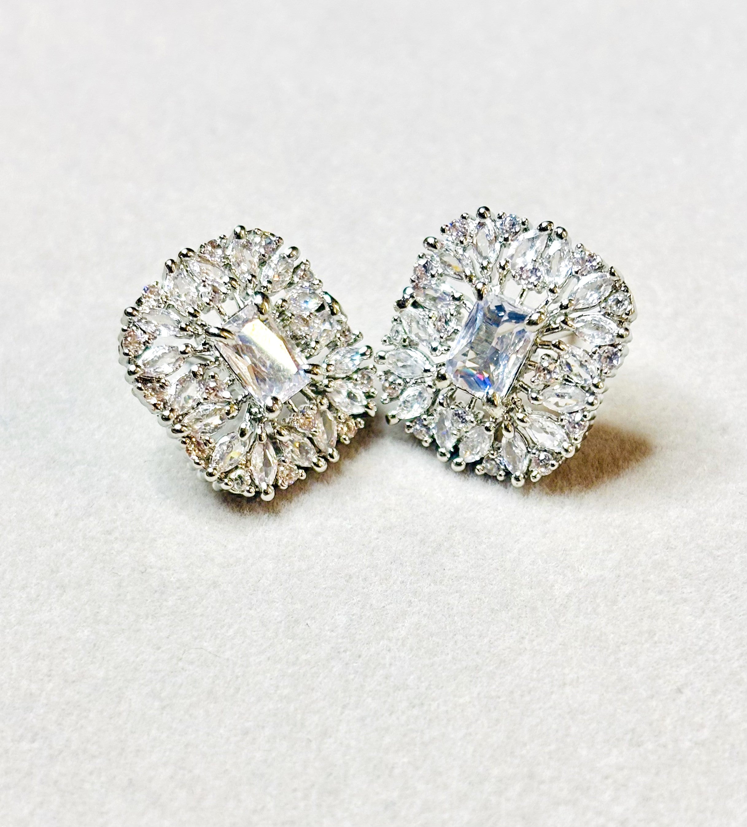 LA FILLE D'OR Luxury Crystal Square Stud Earrings, Cubic Zirconia Halo Design