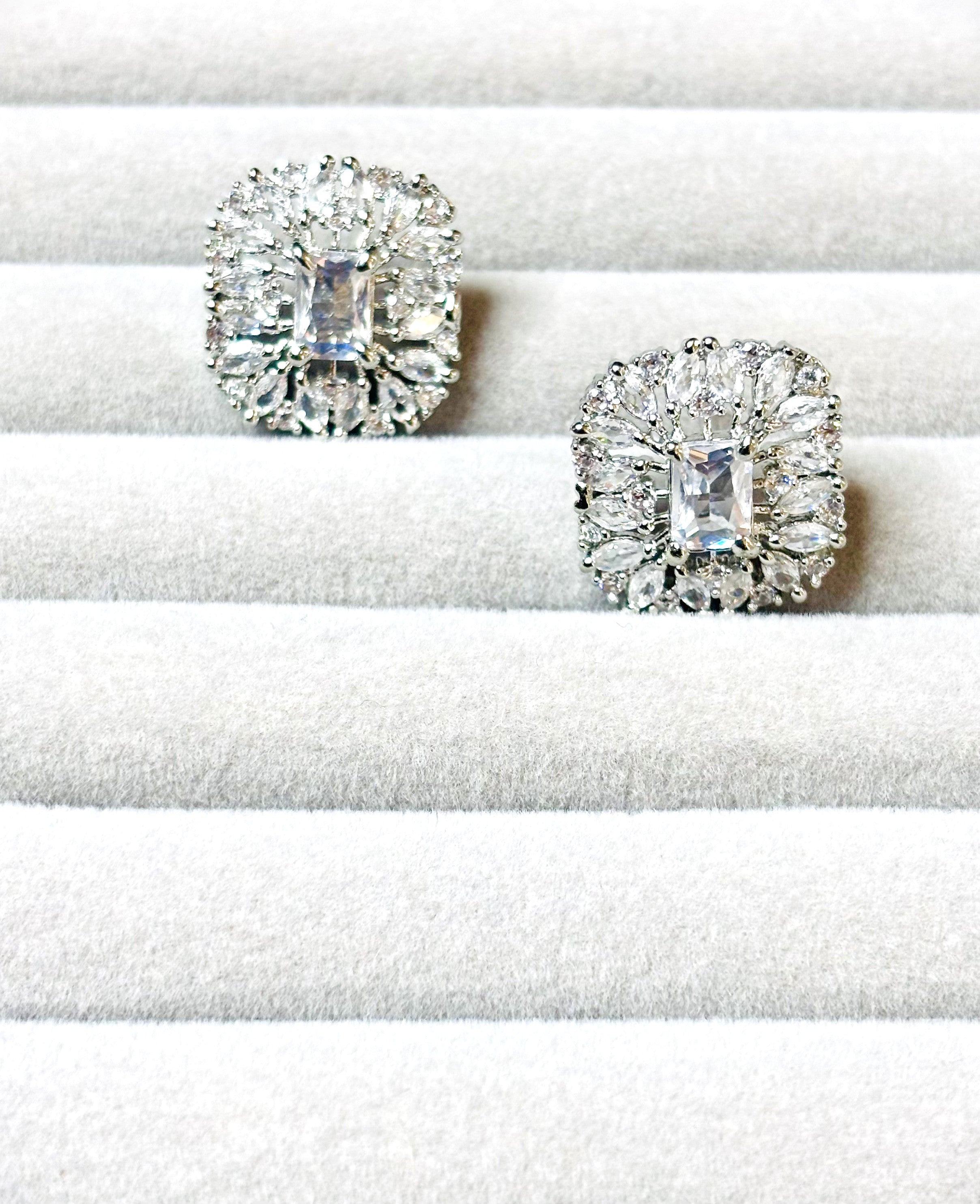 LA FILLE D'OR Luxury Crystal Square Stud Earrings, Cubic Zirconia Halo Design