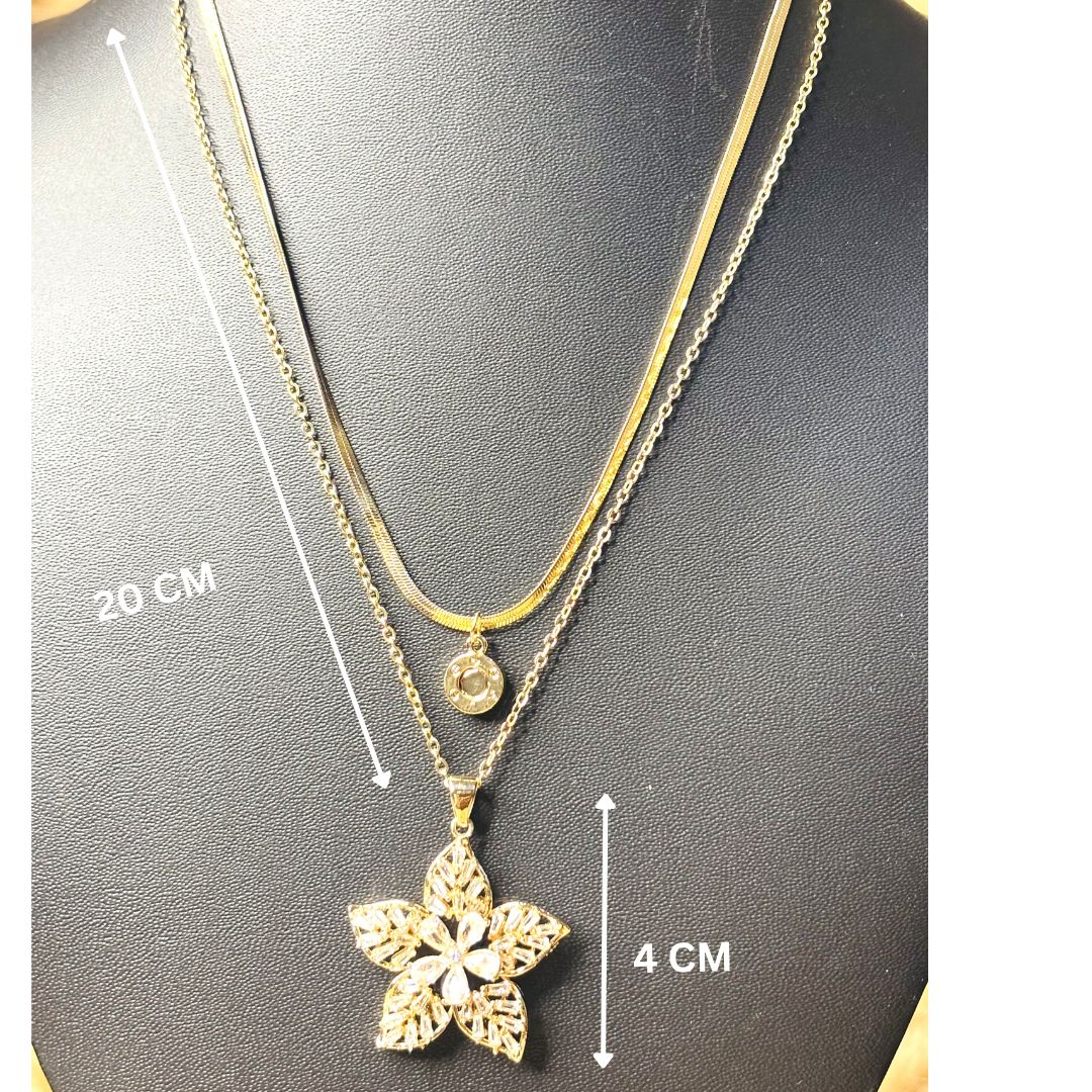 LA FILLE D'OR Layered Gold Chain Necklace with Flower Pendant, 20 cm Length, 4 cm Pendant